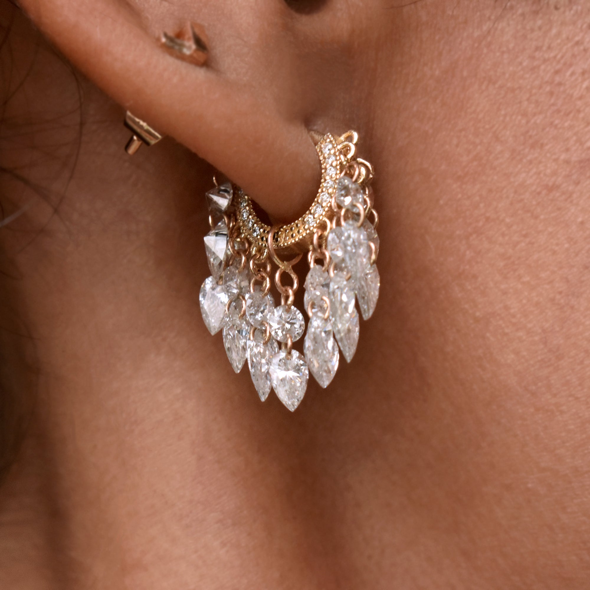 Round & Pear Dangling Drilled Diamond Tassel Hoops