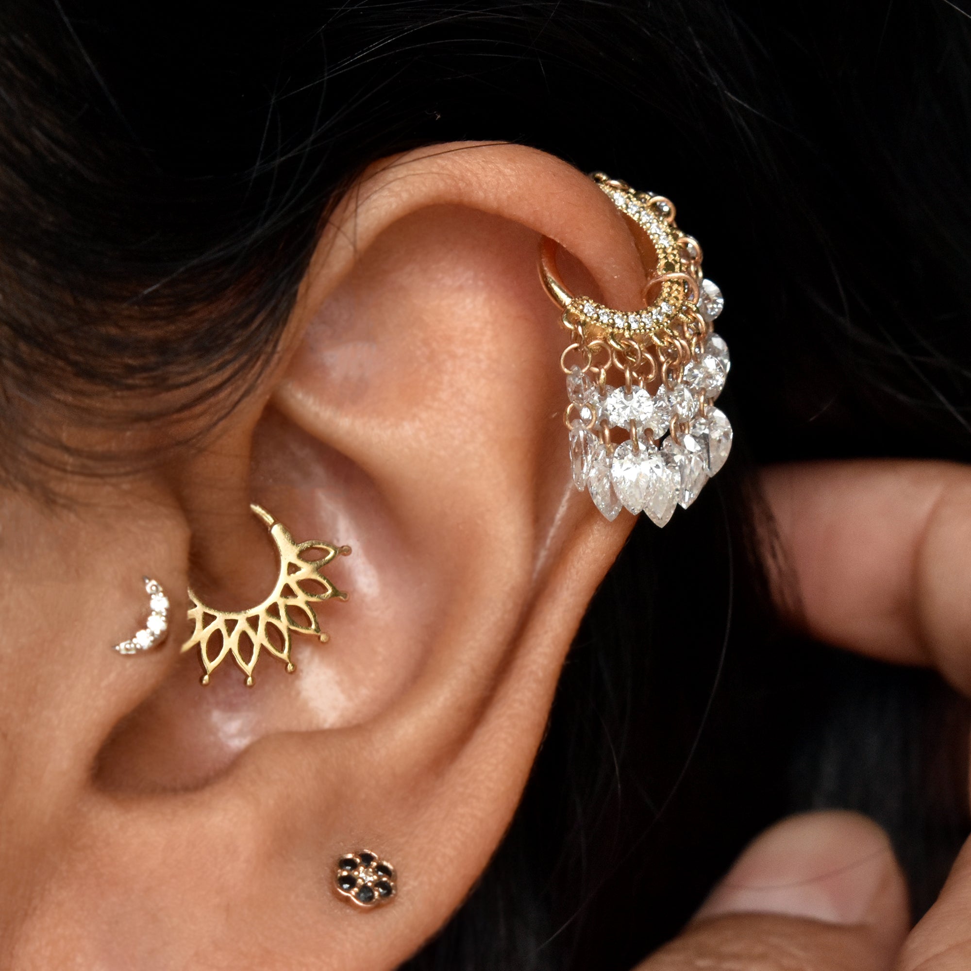 Round & Pear Dangling Drilled Diamond Tassel Hoops