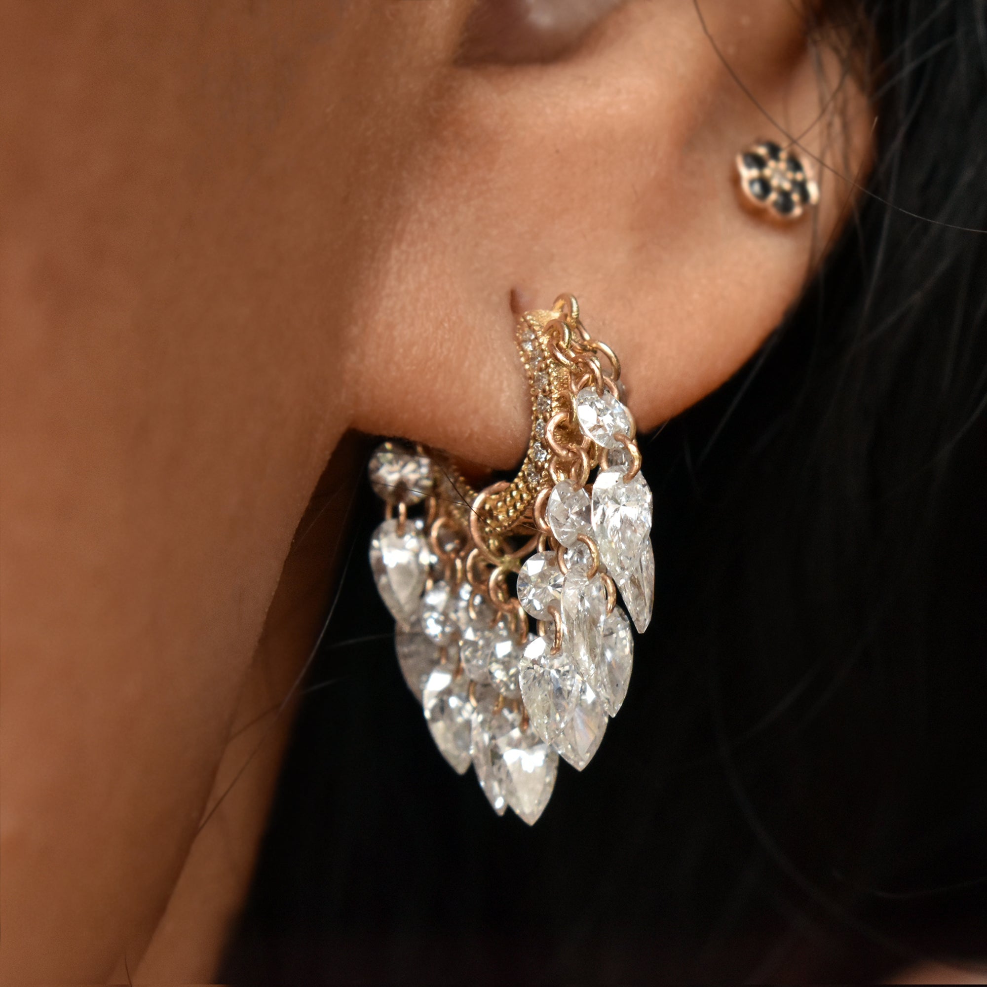 Round & Pear Dangling Drilled Diamond Tassel Hoops