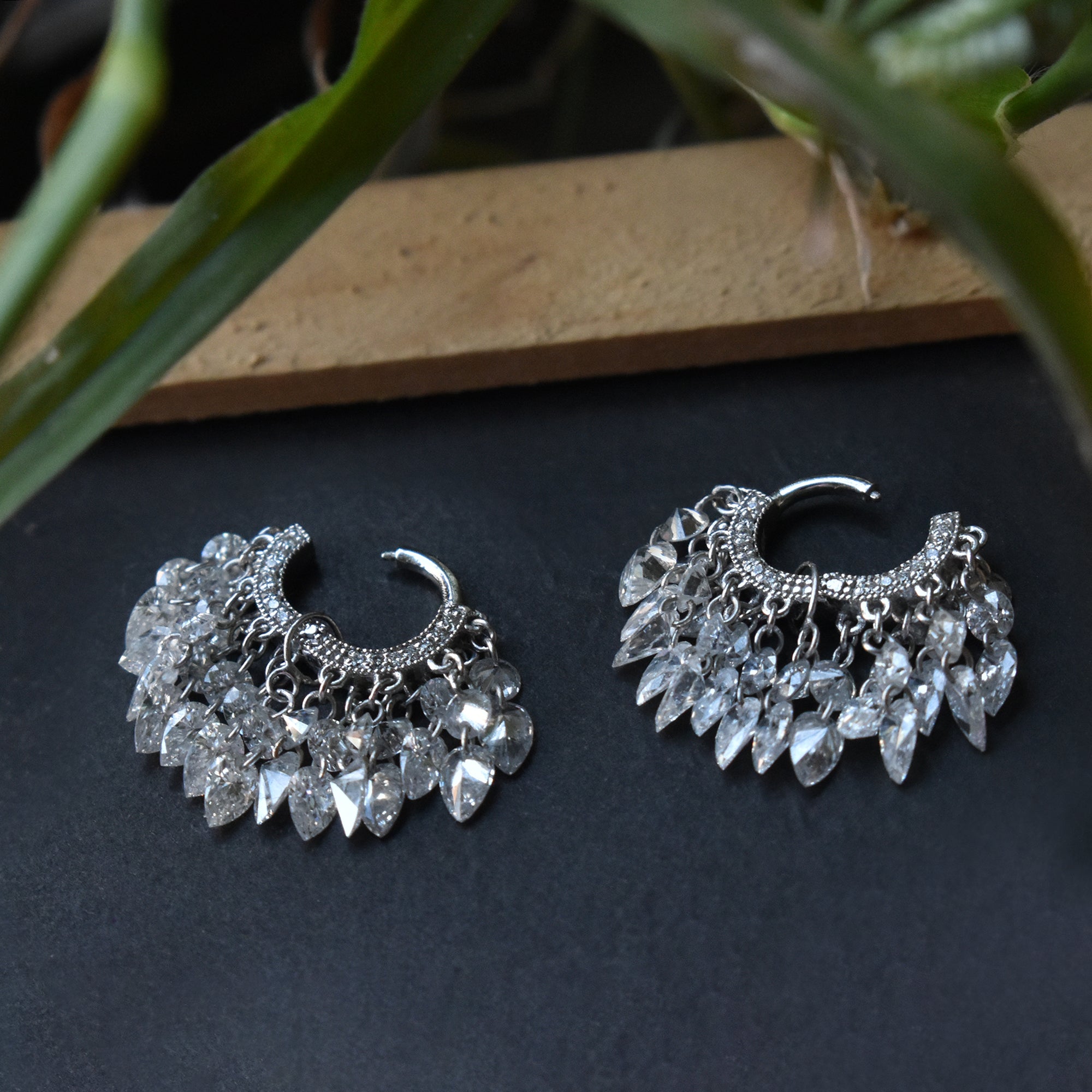 Round & Pear Dangling Drilled Diamond Tassel Hoops