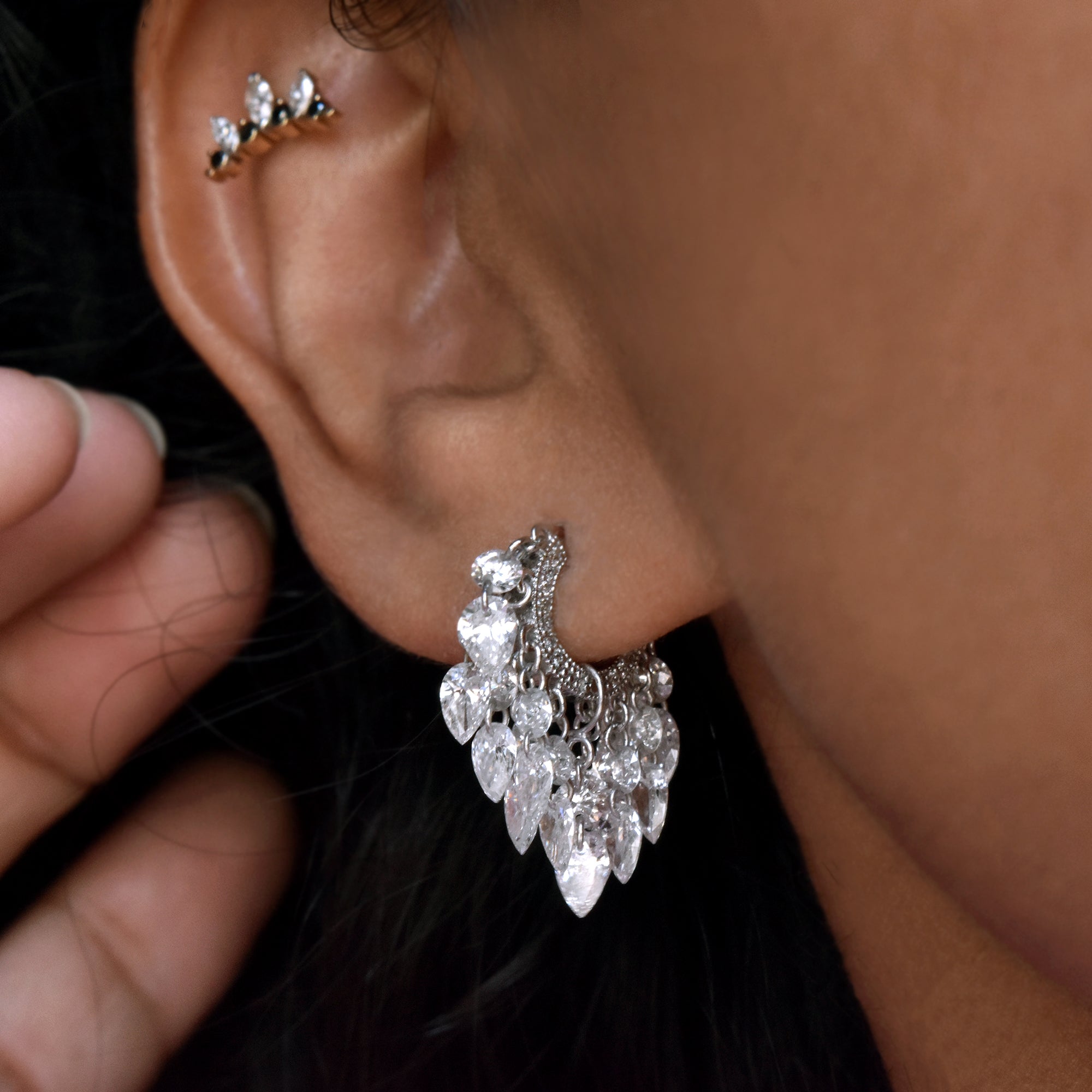 Round & Pear Dangling Drilled Diamond Tassel Hoops