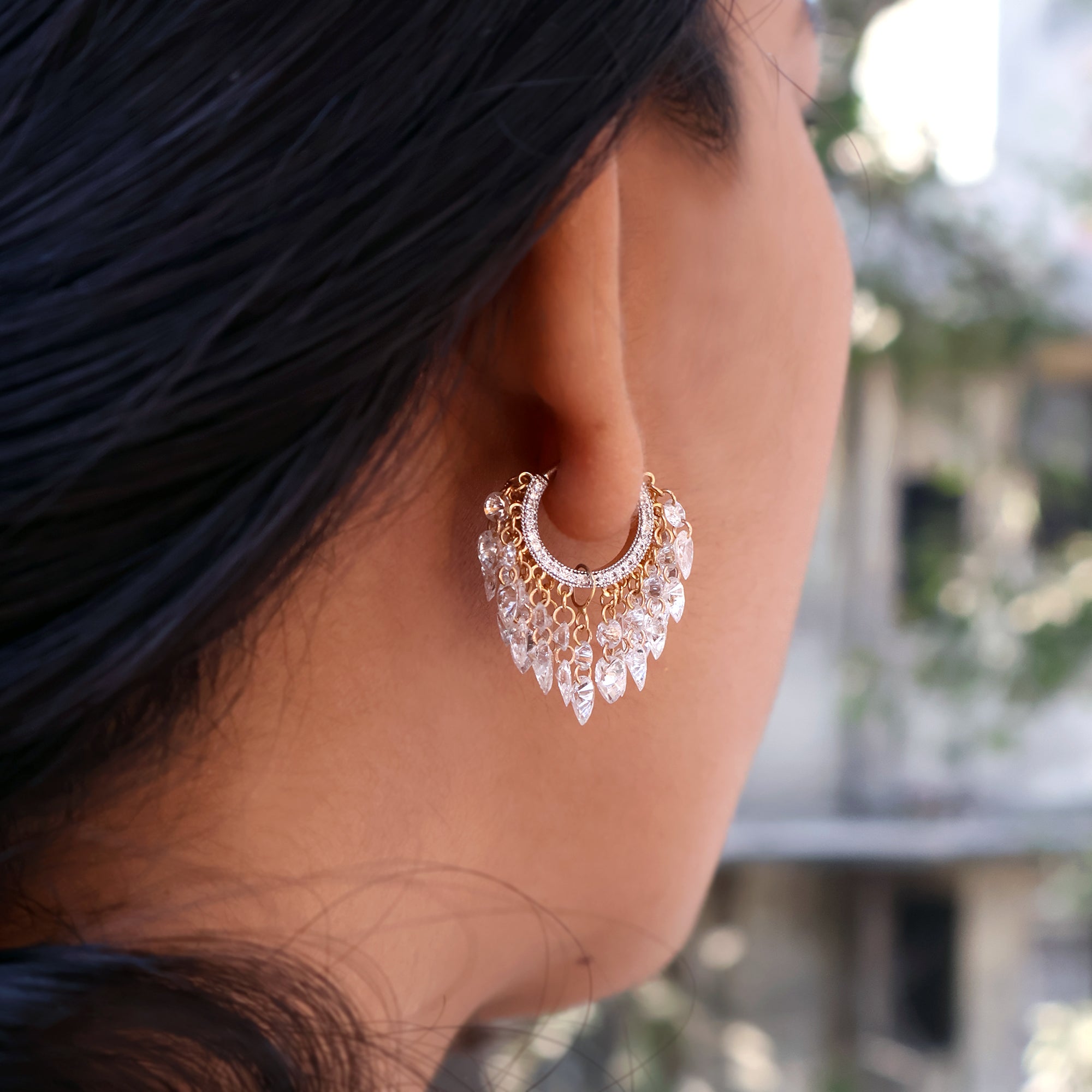 Round & Pear Dangling Drilled Diamond Tassel Hoops