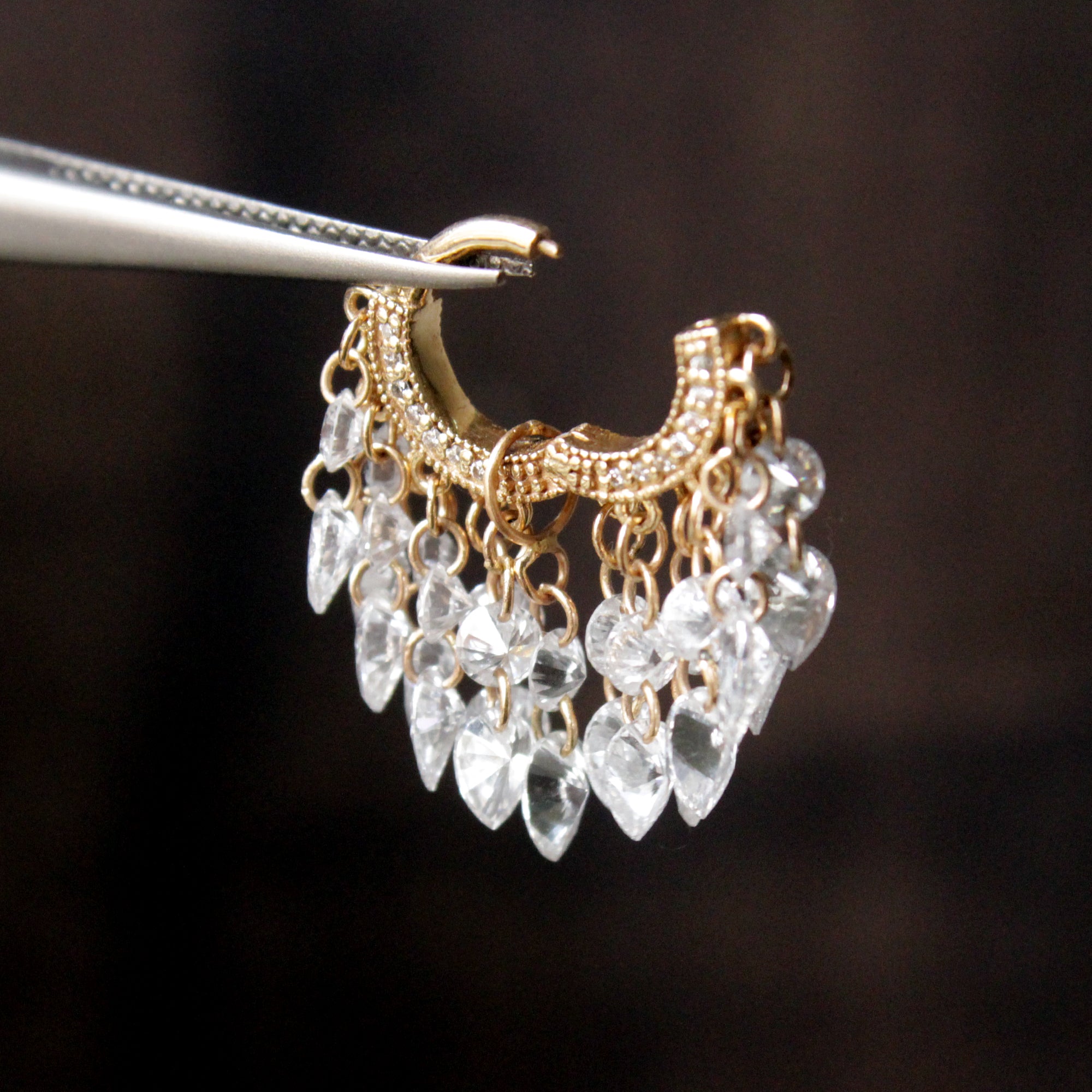 Round & Pear Dangling Drilled Diamond Tassel Hoops