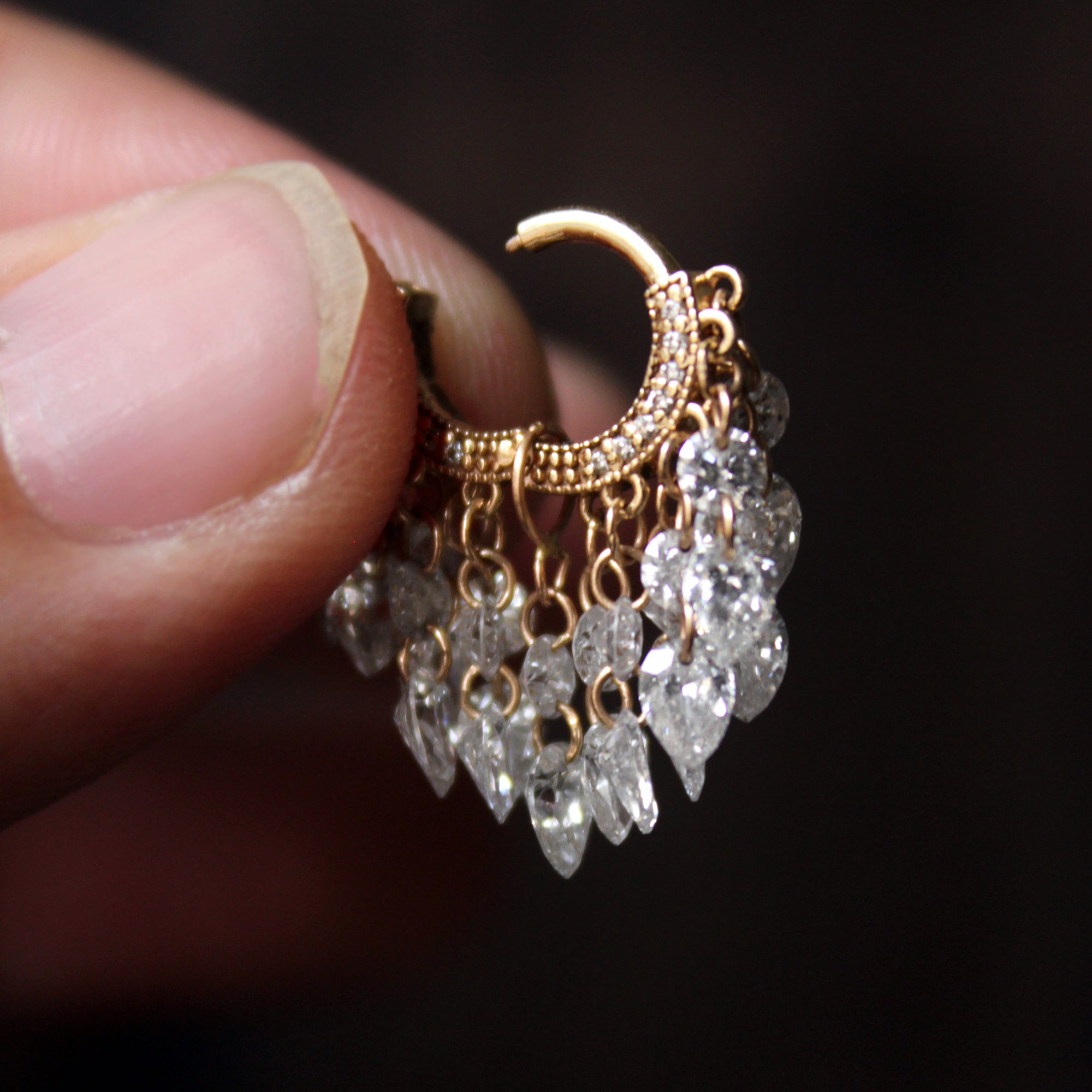 Round & Pear Dangling Drilled Diamond Tassel Hoops