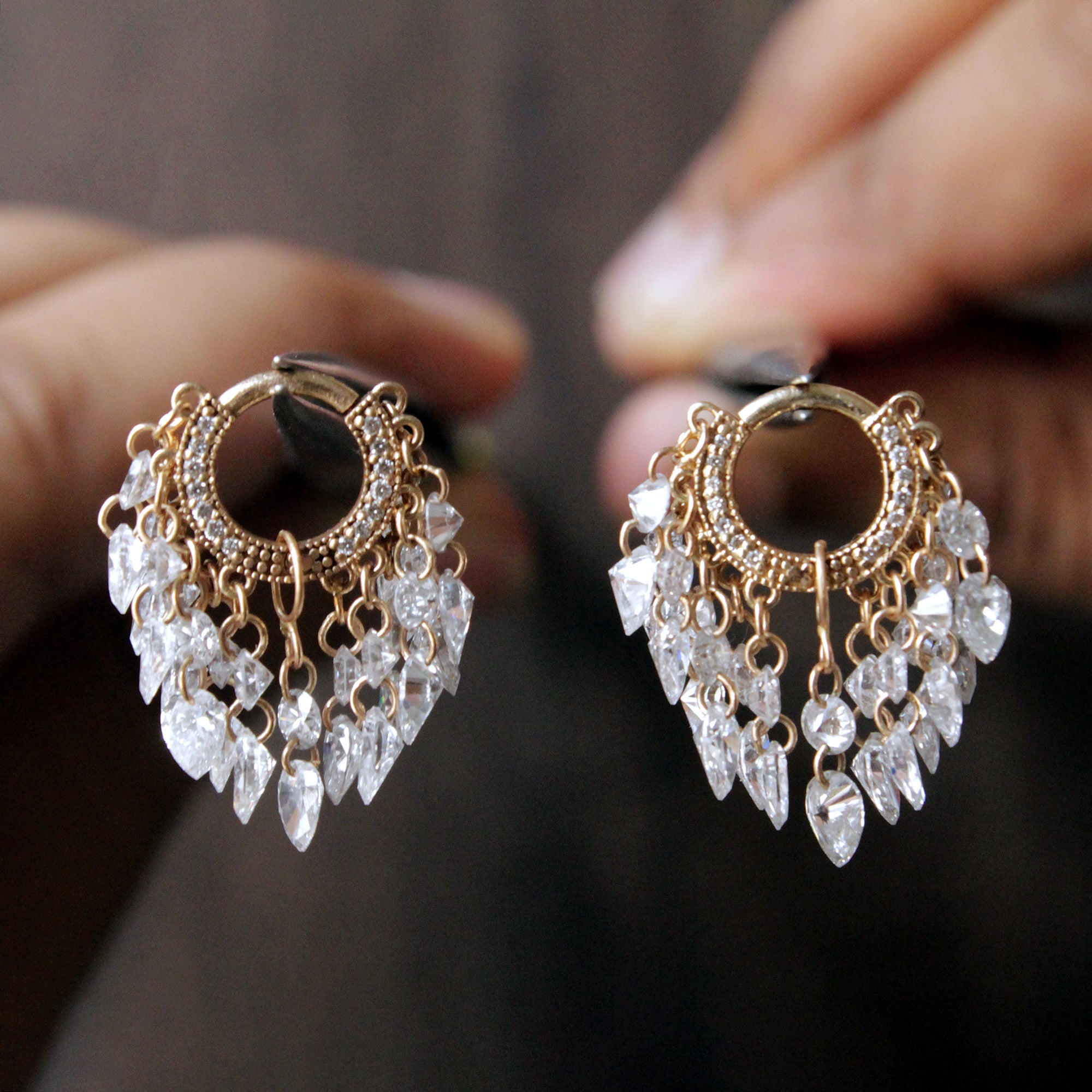 Round & Pear Dangling Drilled Diamond Tassel Hoops