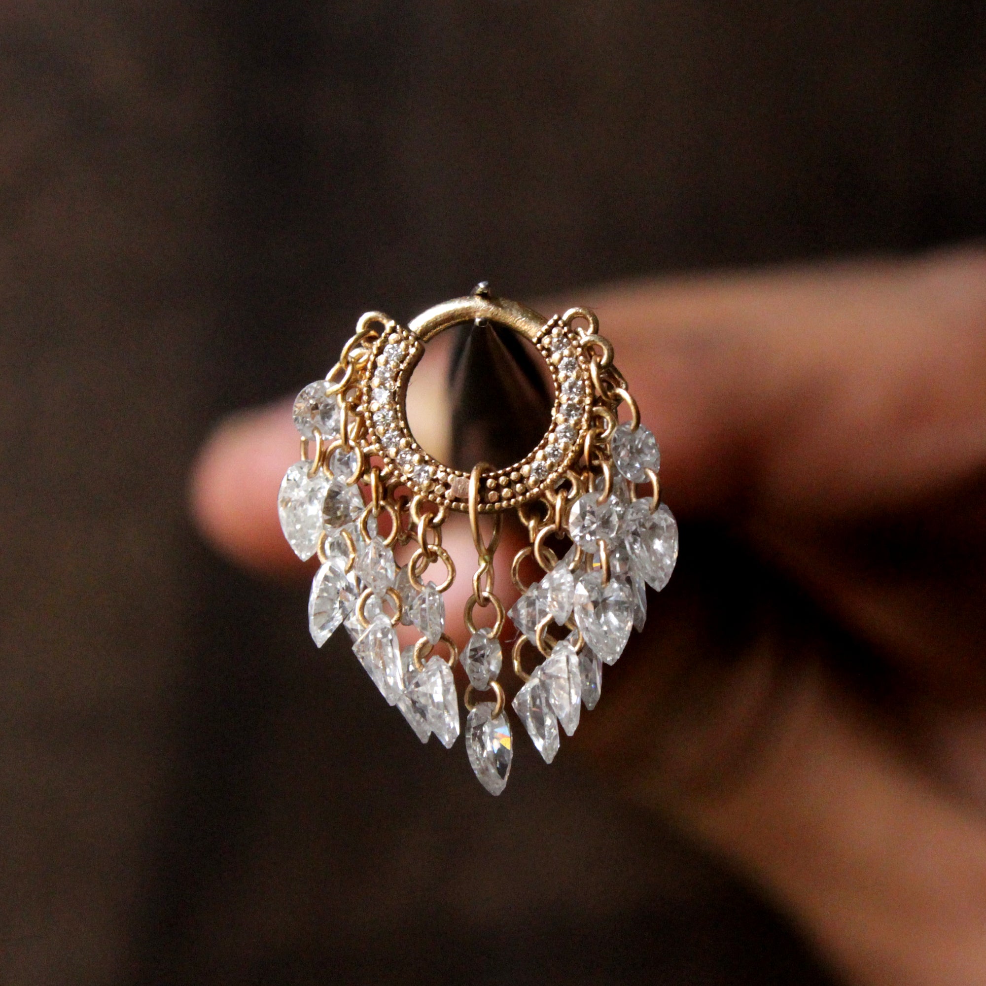 Round & Pear Dangling Drilled Diamond Tassel Hoops