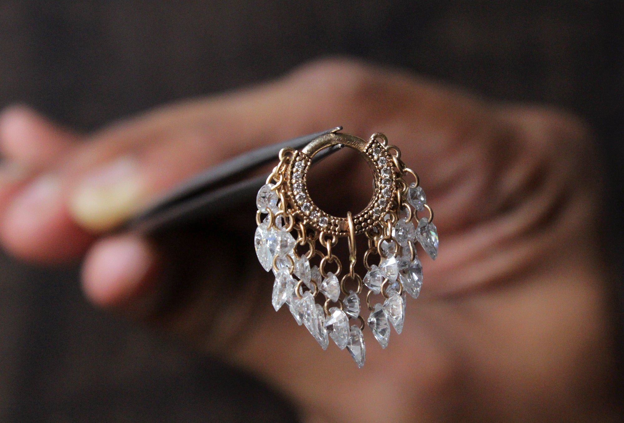 Round & Pear Dangling Drilled Diamond Tassel Hoops