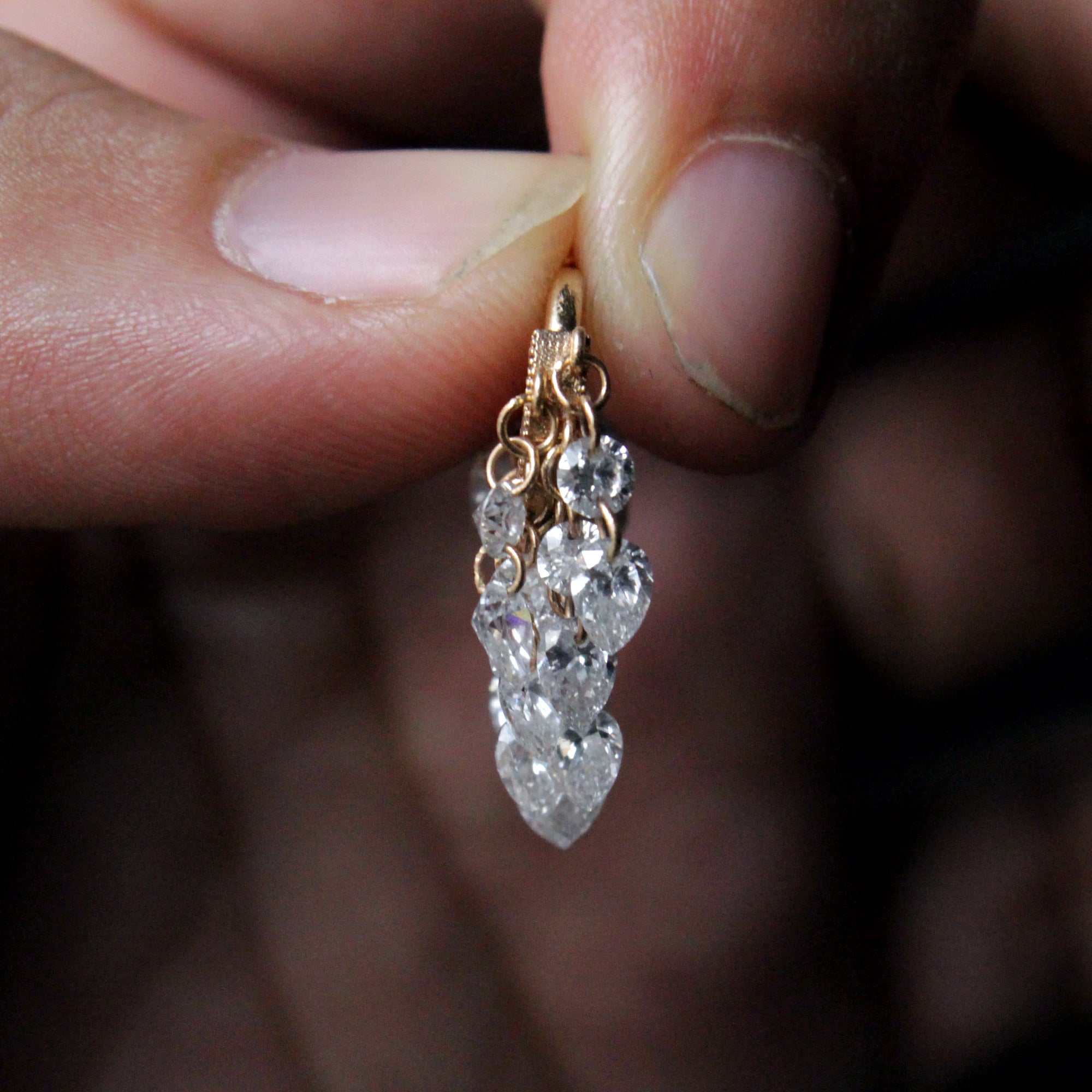 Round & Pear Dangling Drilled Diamond Tassel Hoops