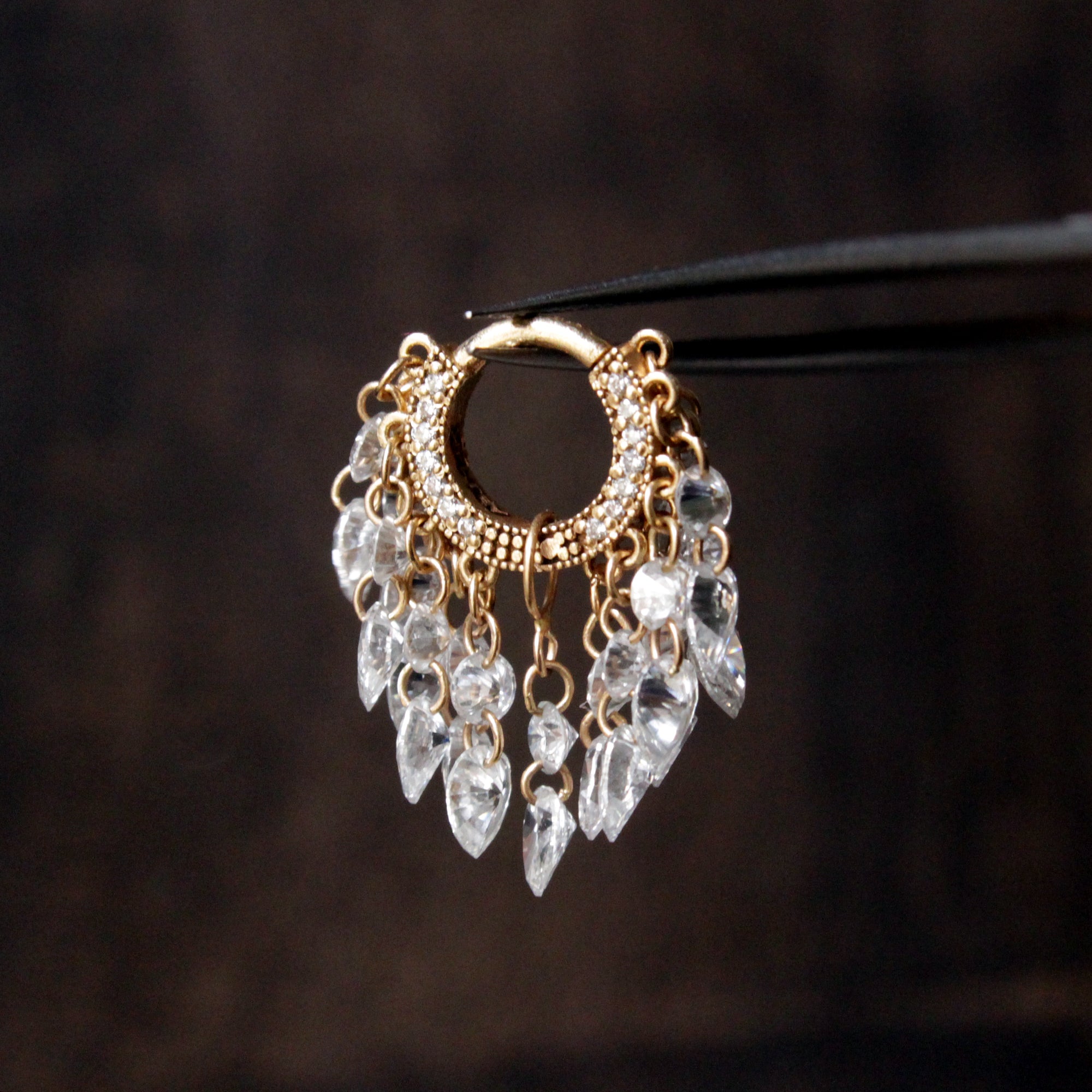 Round & Pear Dangling Drilled Diamond Tassel Hoops