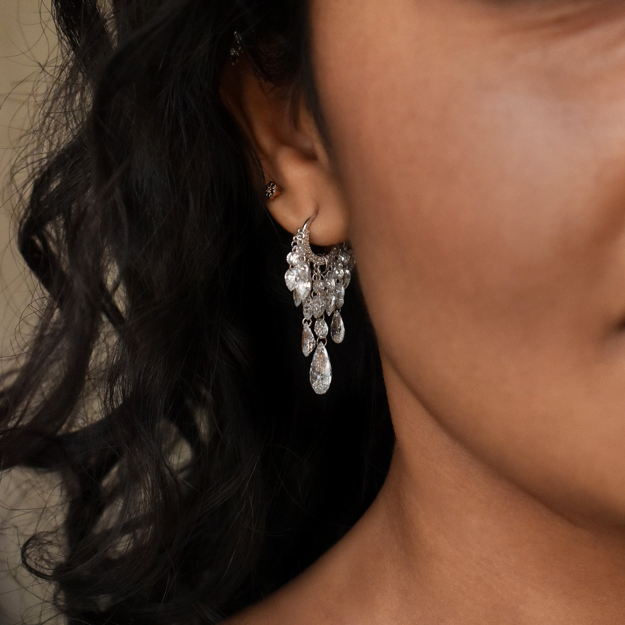 Grand Tassel Hoop with Round & Pear Drilled Diamonds