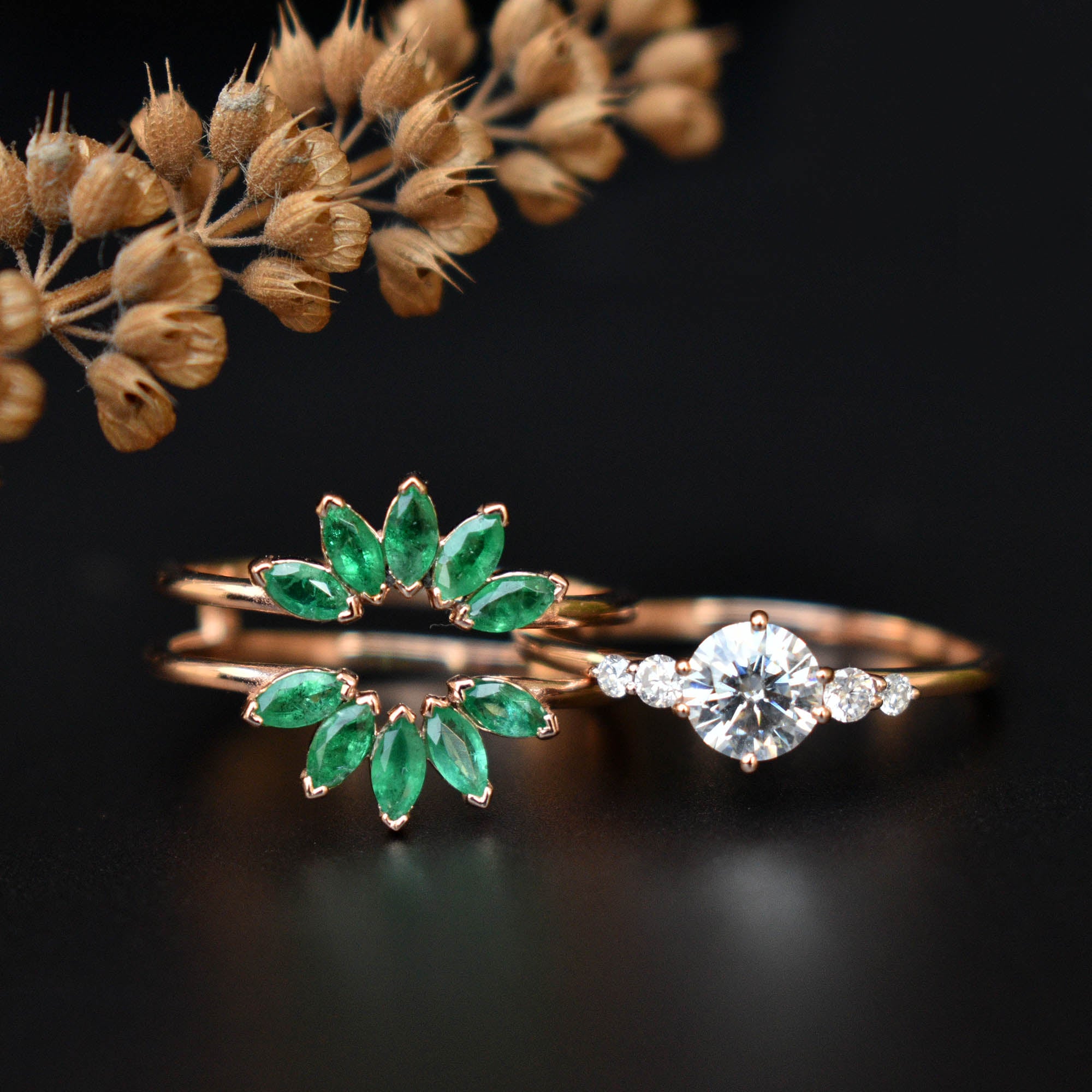 Moissanite & Green Emerald Sunburst Ring Set