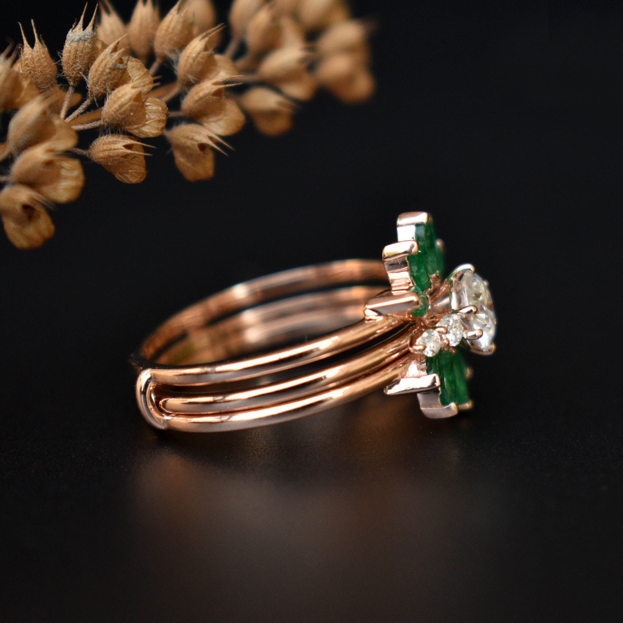 Moissanite & Green Emerald Sunburst Ring Set