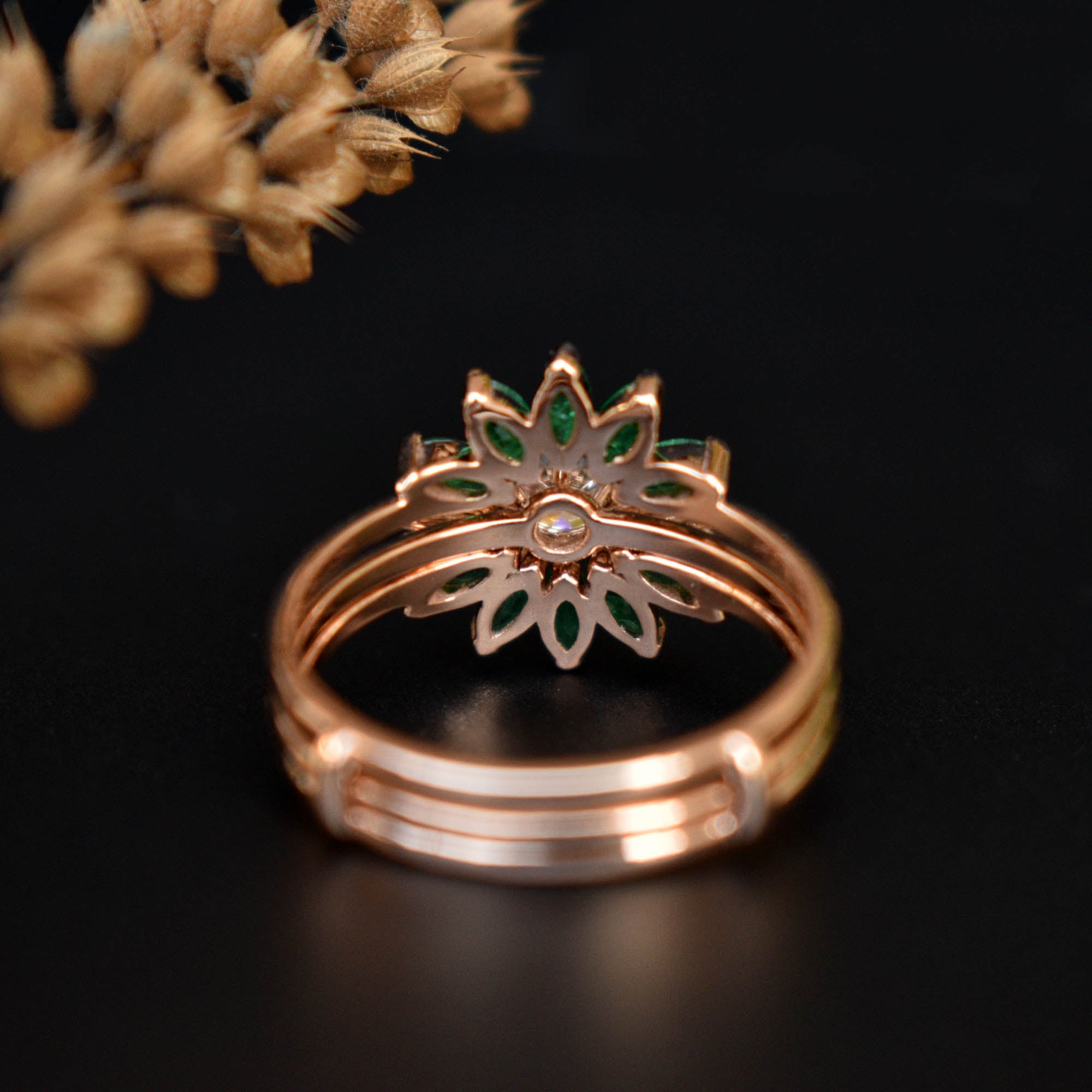 Moissanite & Green Emerald Sunburst Ring Set