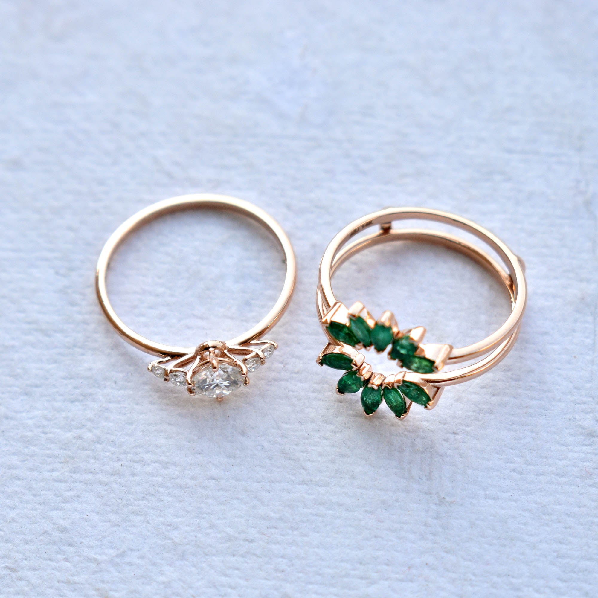 Moissanite & Green Emerald Sunburst Ring Set