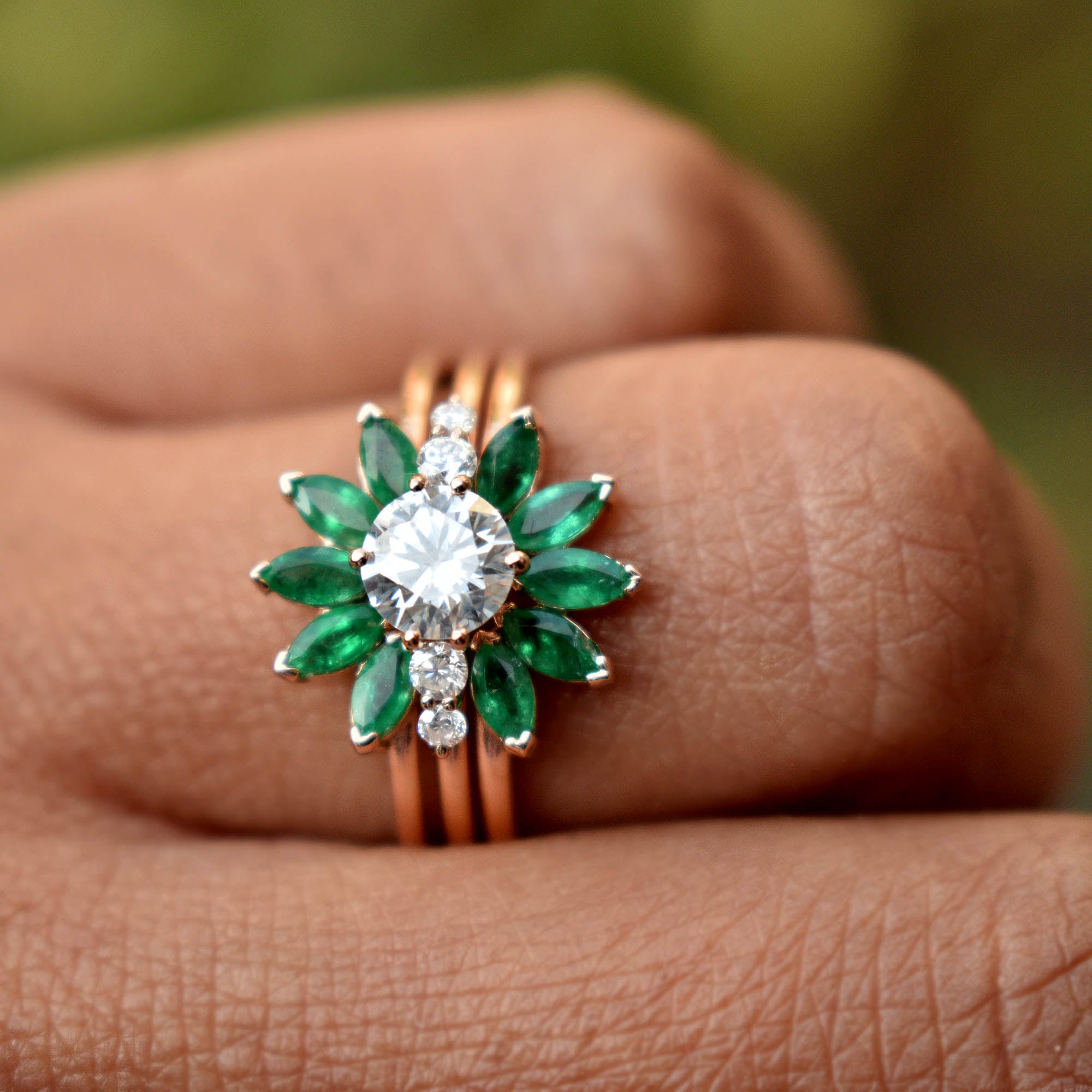 Moissanite & Green Emerald Sunburst Ring Set