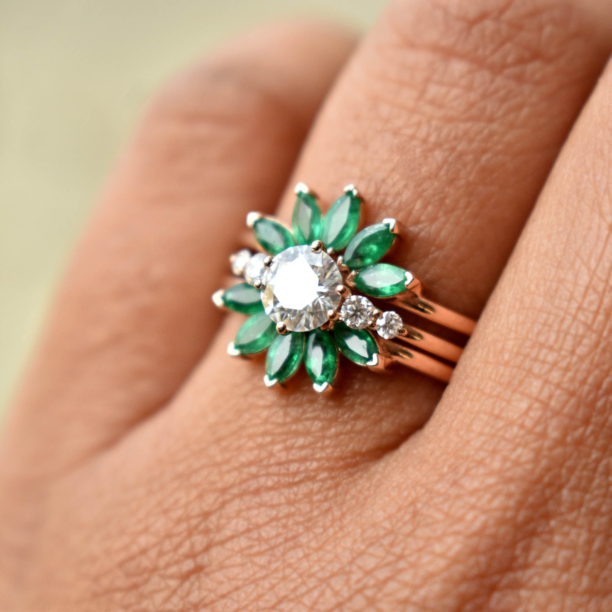 Moissanite & Green Emerald Sunburst Ring Set