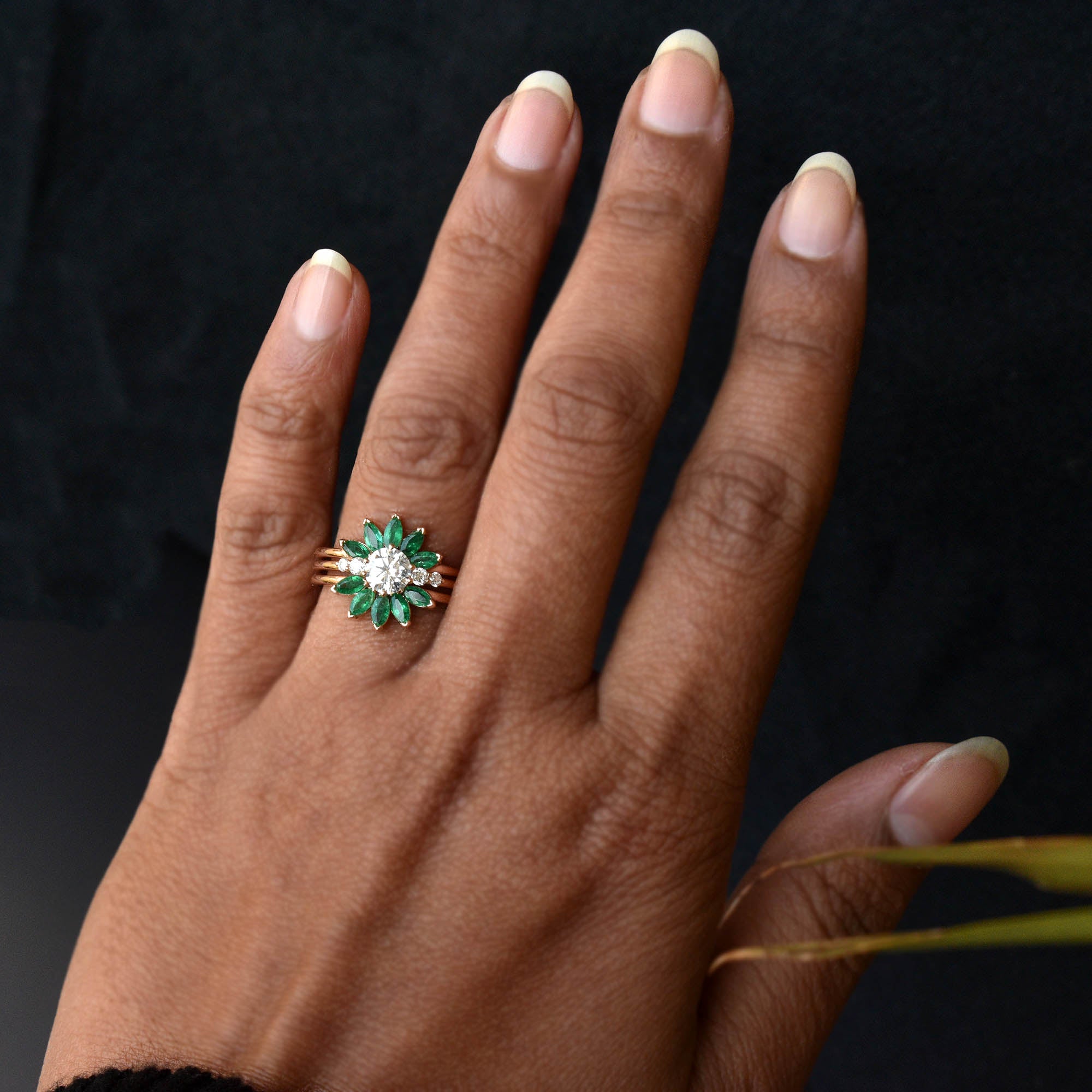 Moissanite & Green Emerald Sunburst Ring Set