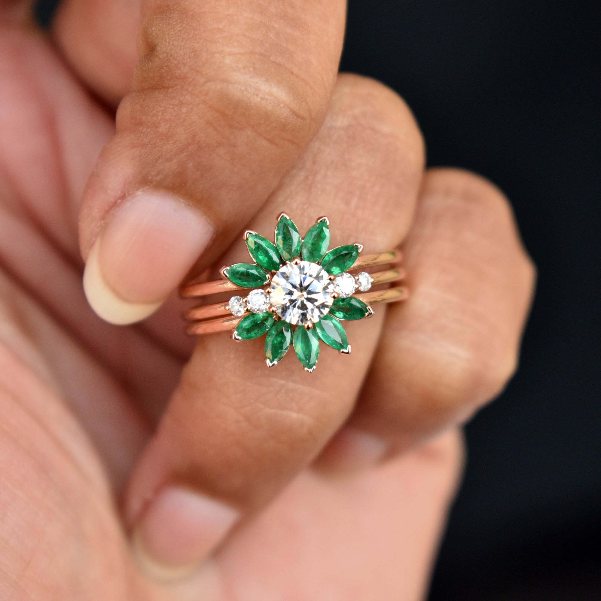Moissanite & Green Emerald Sunburst Ring Set