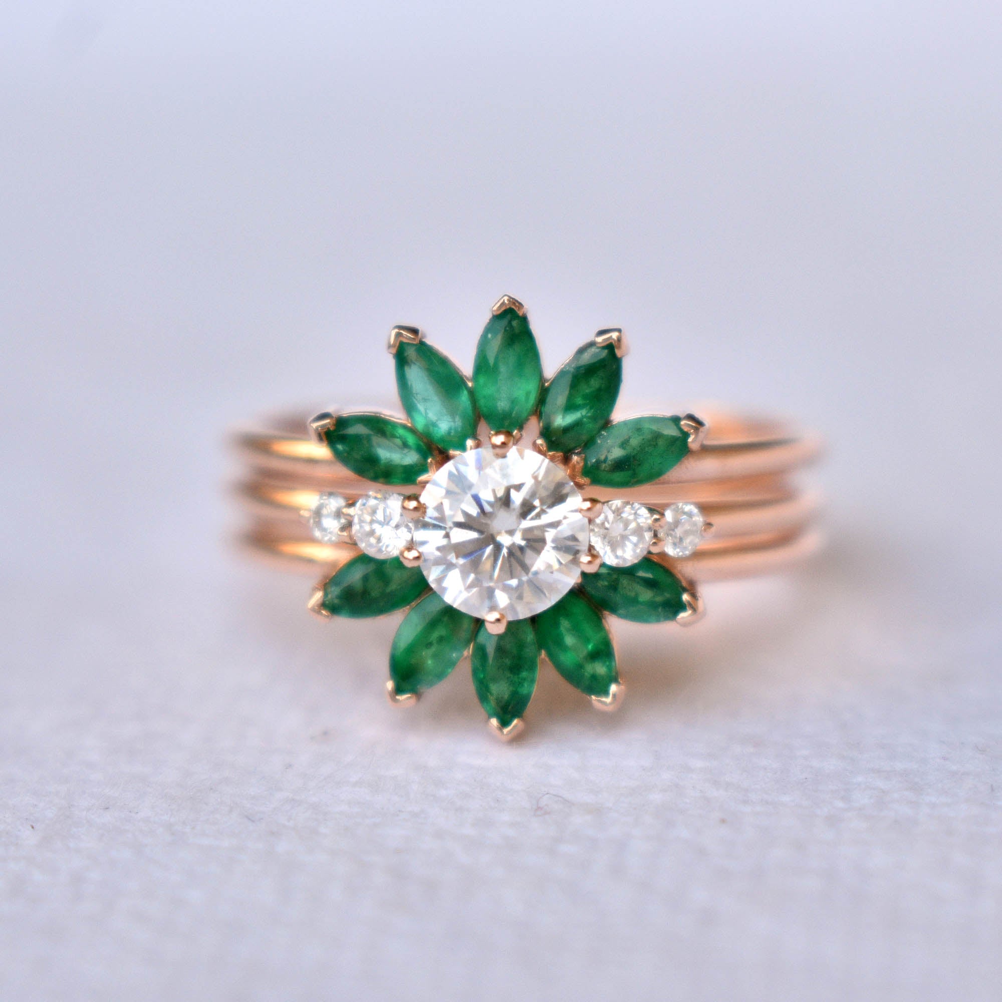 Moissanite & Green Emerald Sunburst Ring Set