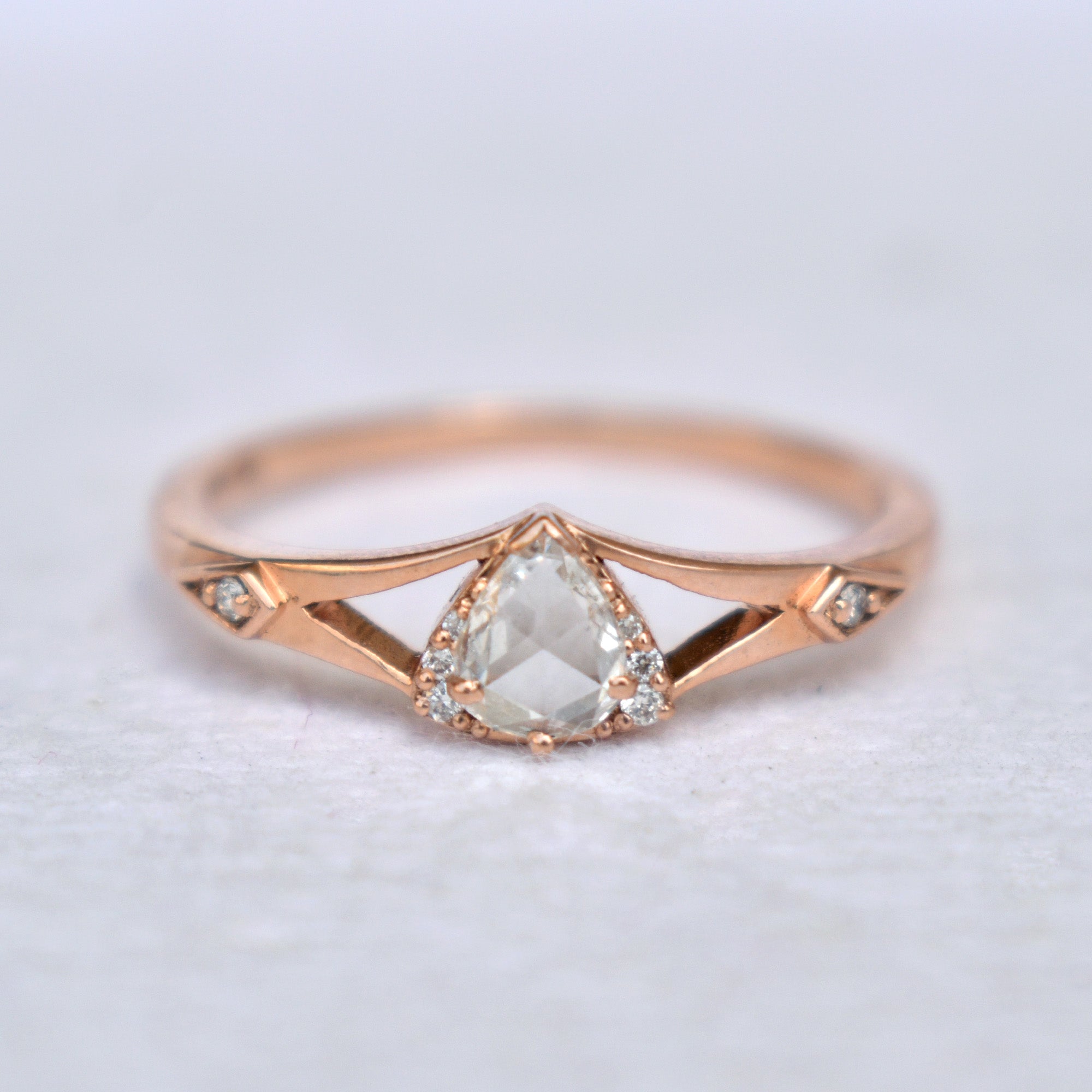Pear Rose Cut Diamond Ring with Illusion Triangle in 14K Rose Gold Pear Engagement Ring