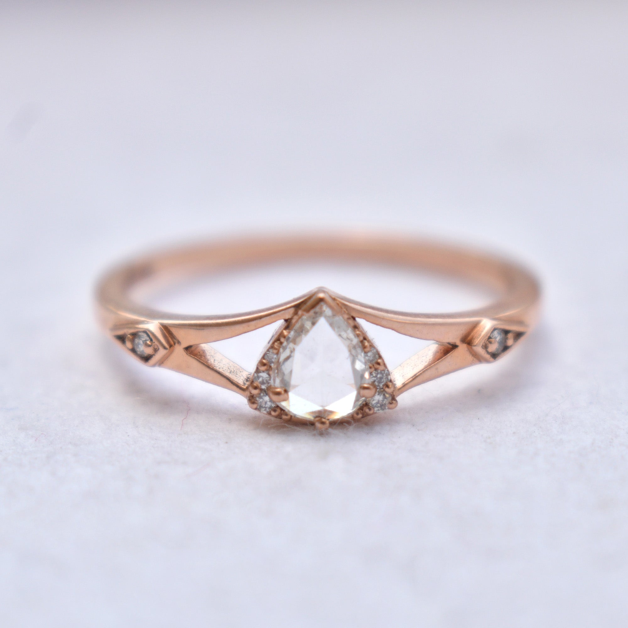 Pear Rose Cut Diamond Ring with Illusion Triangle in 14K Rose Gold Pear Engagement Ring