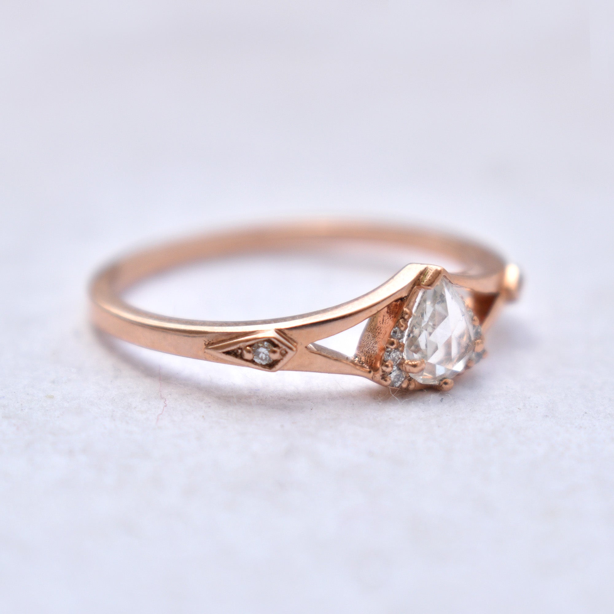 Pear Rose Cut Diamond Ring with Illusion Triangle in 14K Rose Gold Pear Engagement Ring