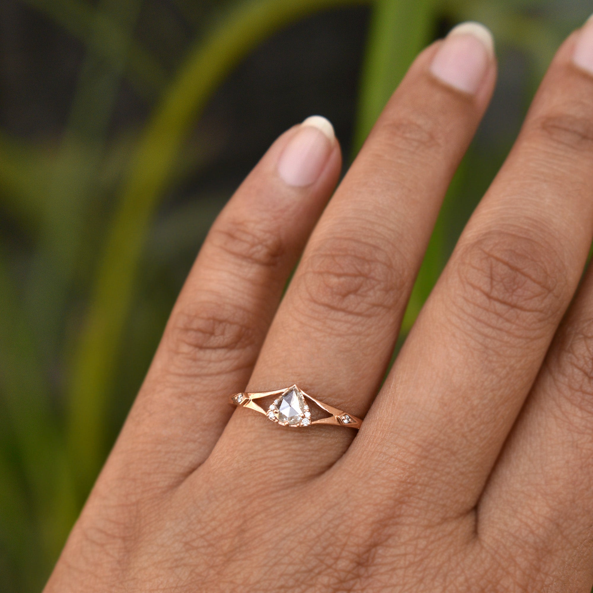 Pear Rose Cut Diamond Ring with Illusion Triangle in 14K Rose Gold Pear Engagement Ring