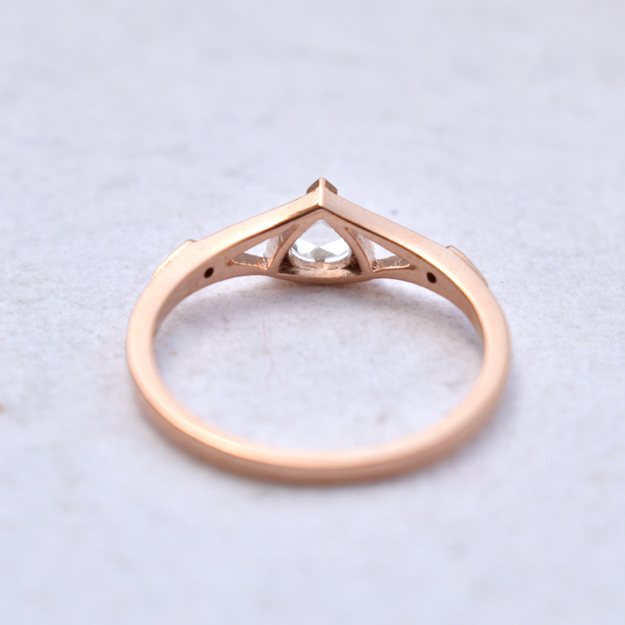 Pear Rose Cut Diamond Ring with Illusion Triangle in 14K Rose Gold Pear Engagement Ring