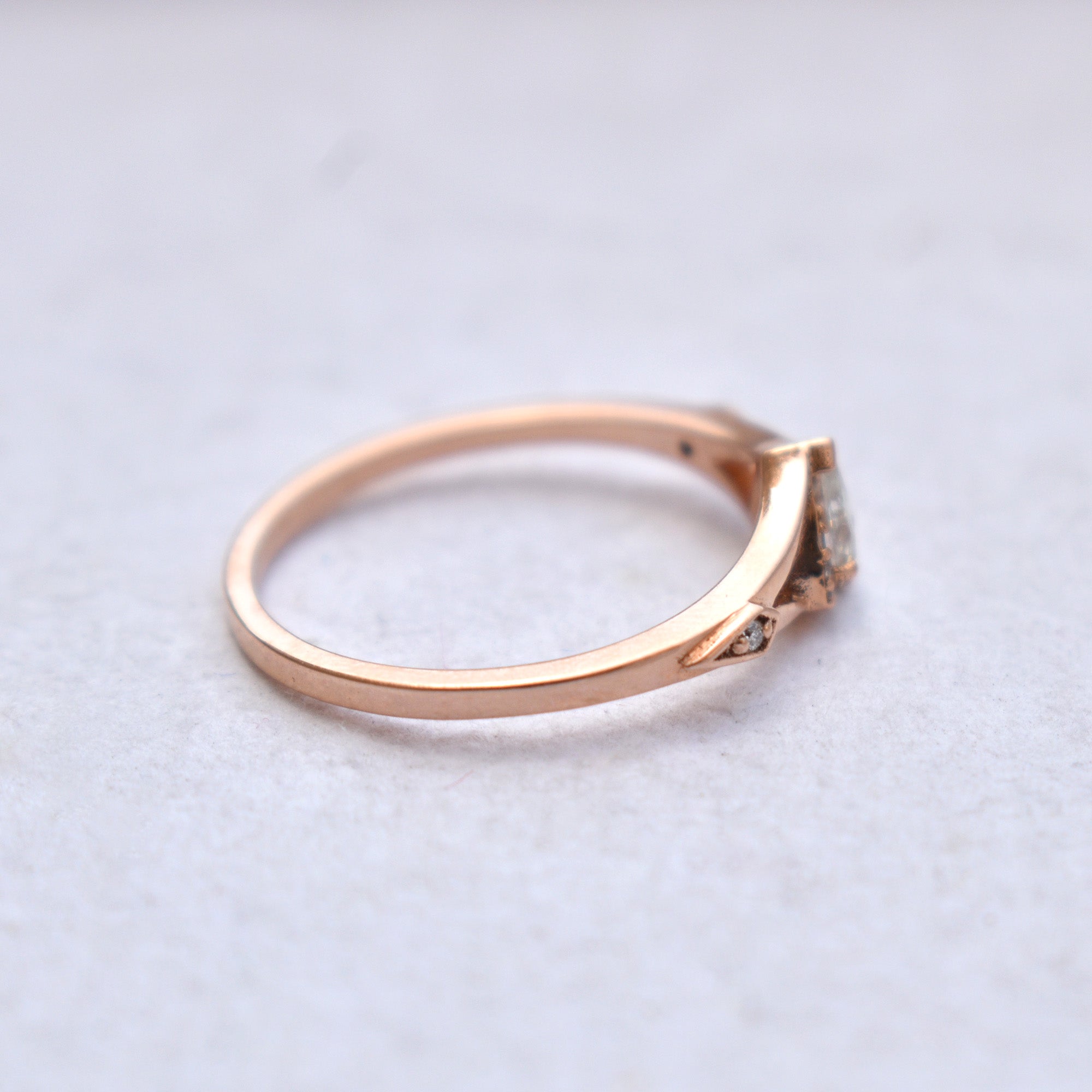 Pear Rose Cut Diamond Ring with Illusion Triangle in 14K Rose Gold Pear Engagement Ring