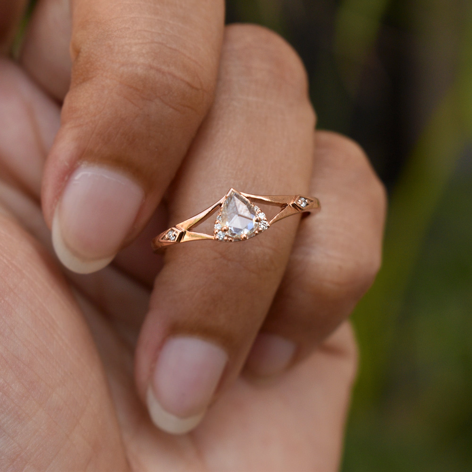 Pear Rose Cut Diamond Ring with Illusion Triangle in 14K Rose Gold Pear Engagement Ring