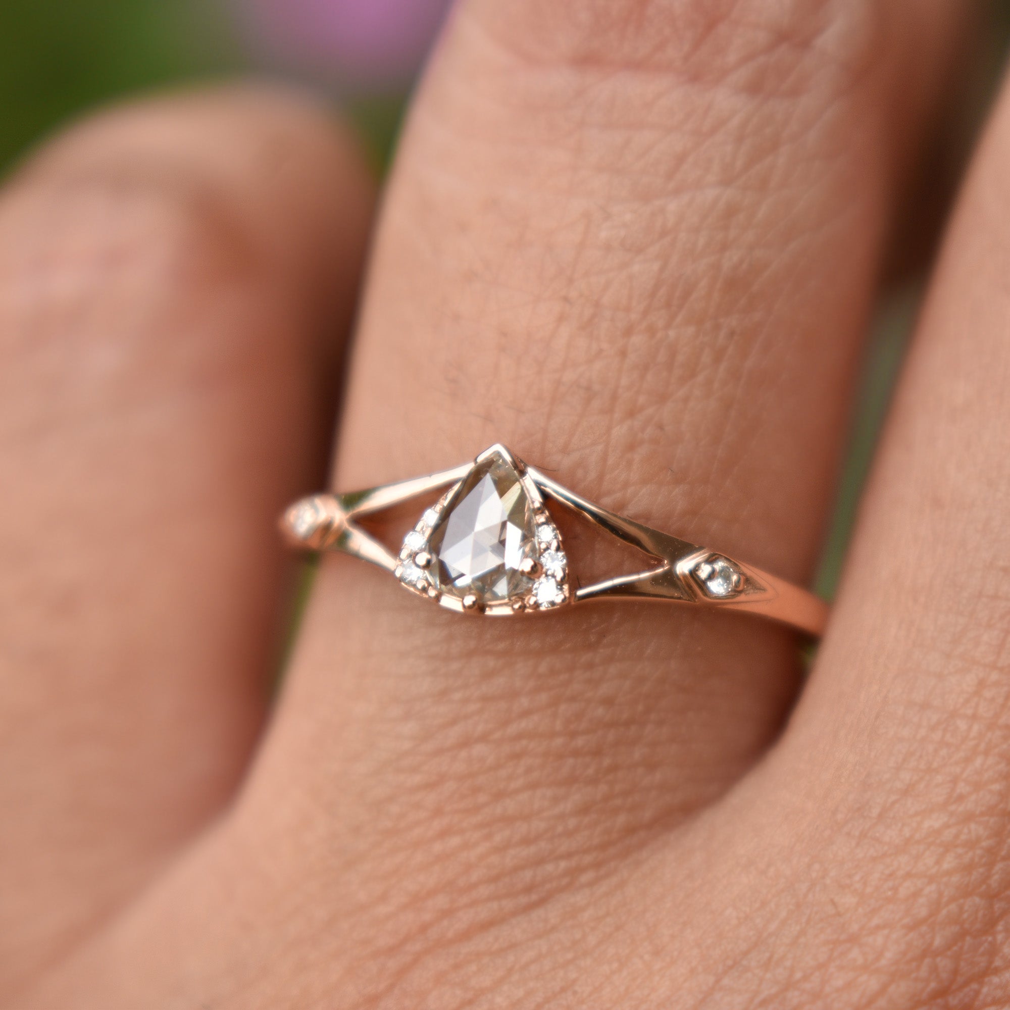 Pear Rose Cut Diamond Ring with Illusion Triangle in 14K Rose Gold Pear Engagement Ring