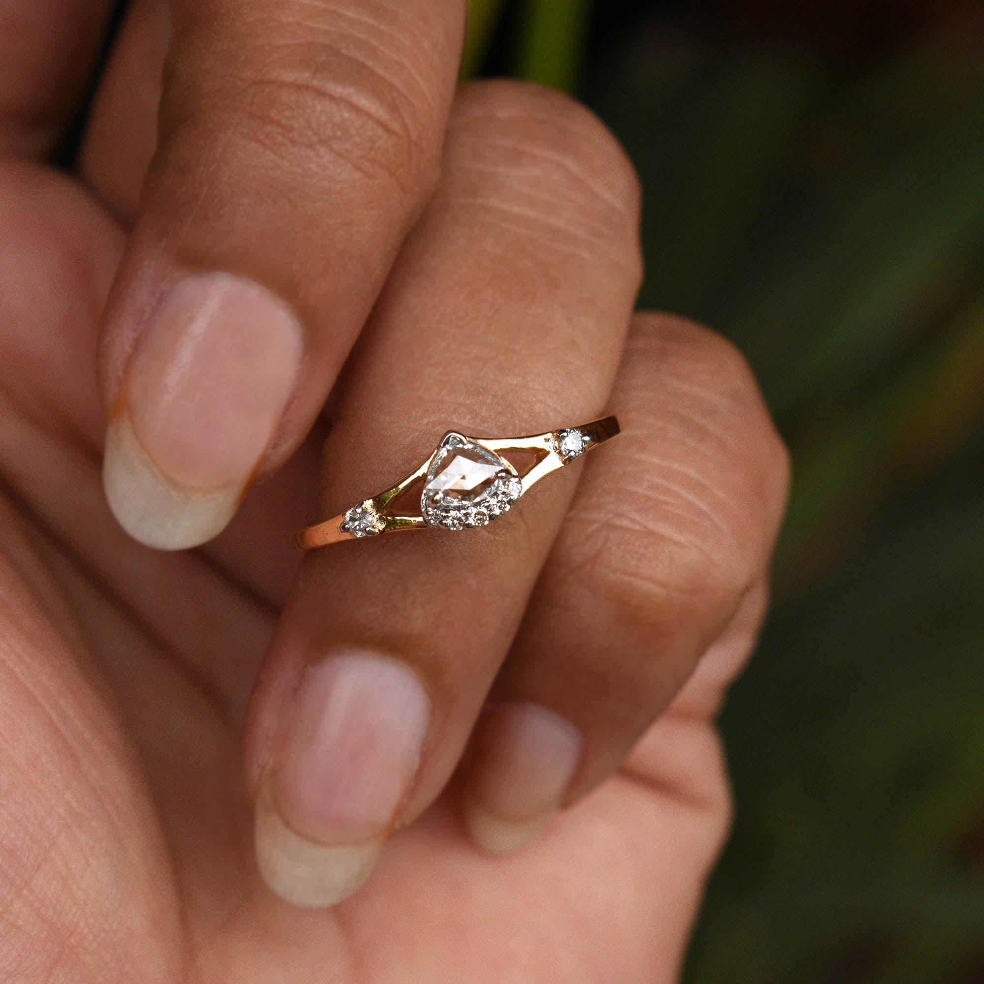 Pear Rose Cut Natural Diamond Engagement Ring