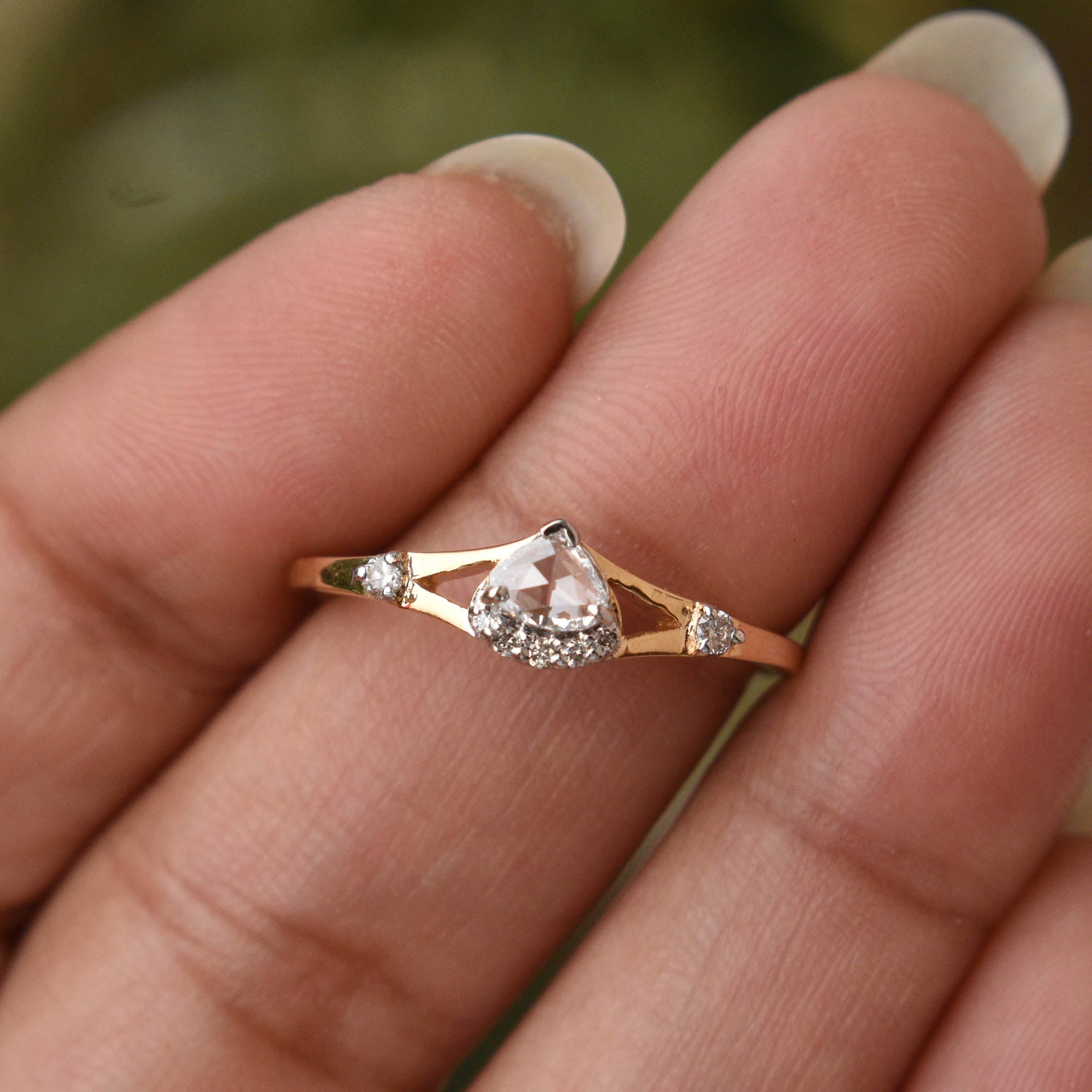 Pear Rose Cut Natural Diamond Engagement Ring