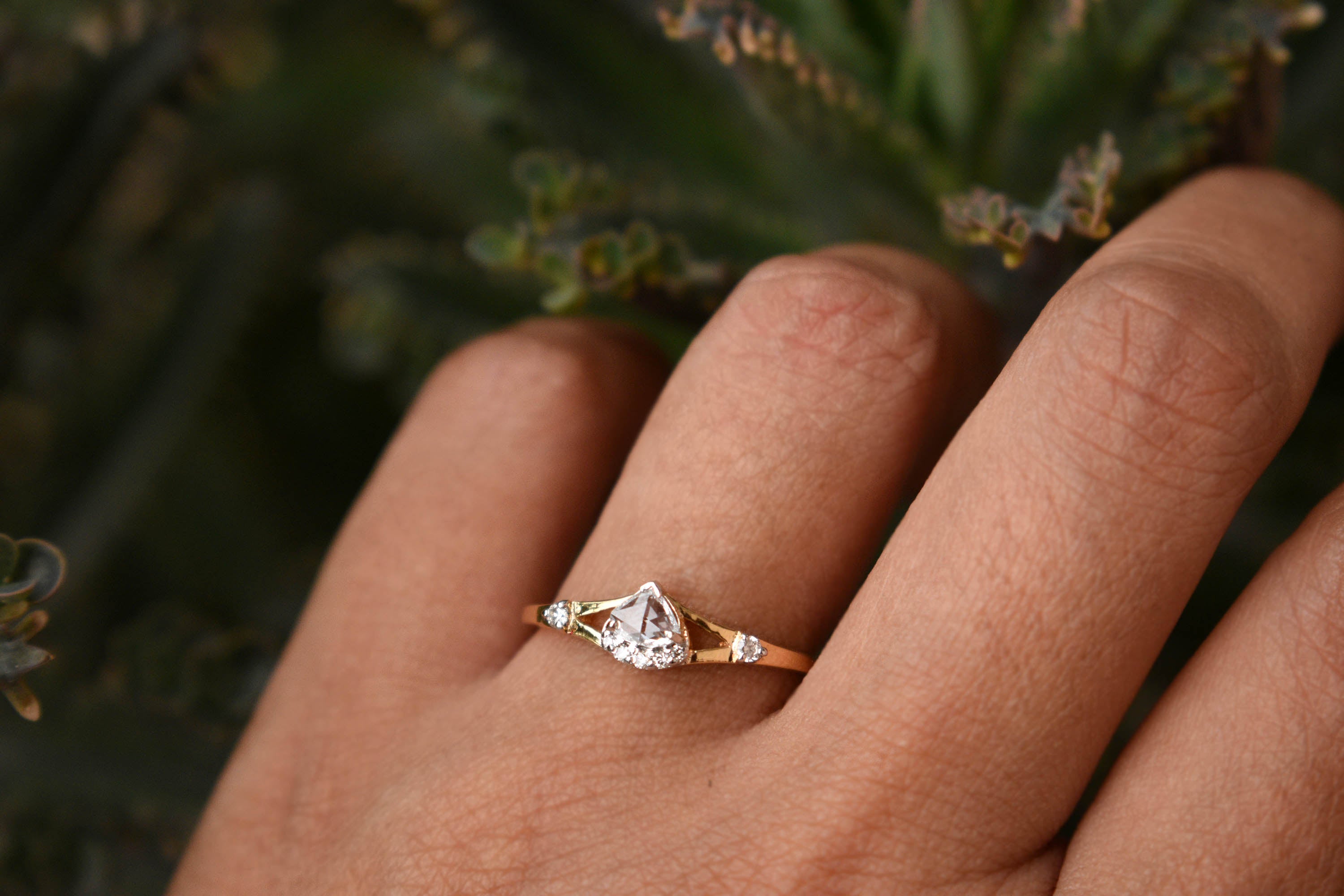 Pear Rose Cut Natural Diamond Engagement Ring