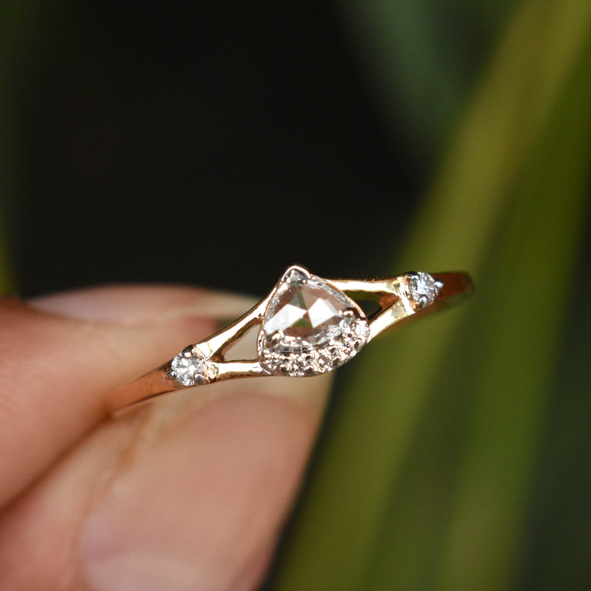 Pear Rose Cut Natural Diamond Engagement Ring
