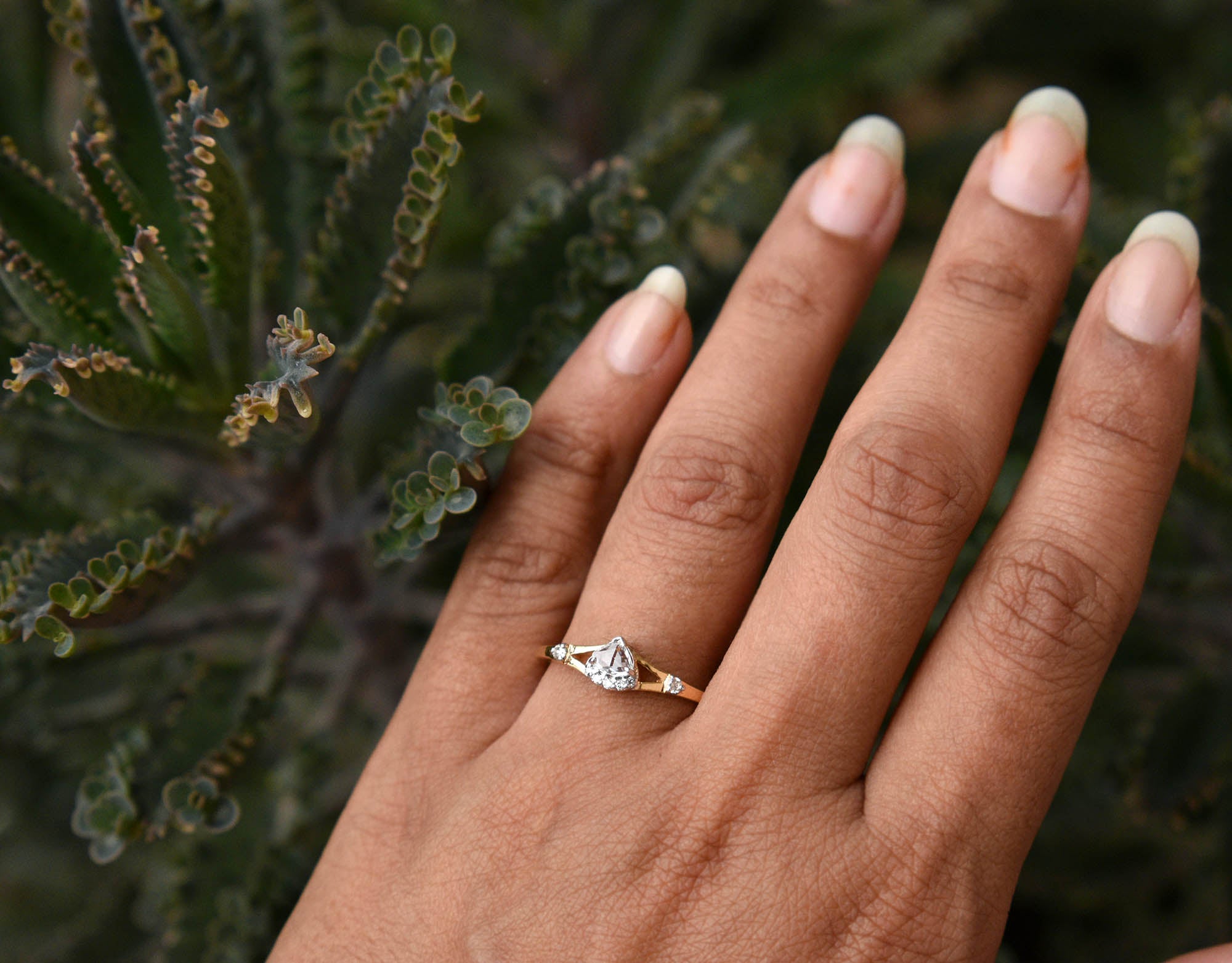 Pear Rose Cut Natural Diamond Engagement Ring