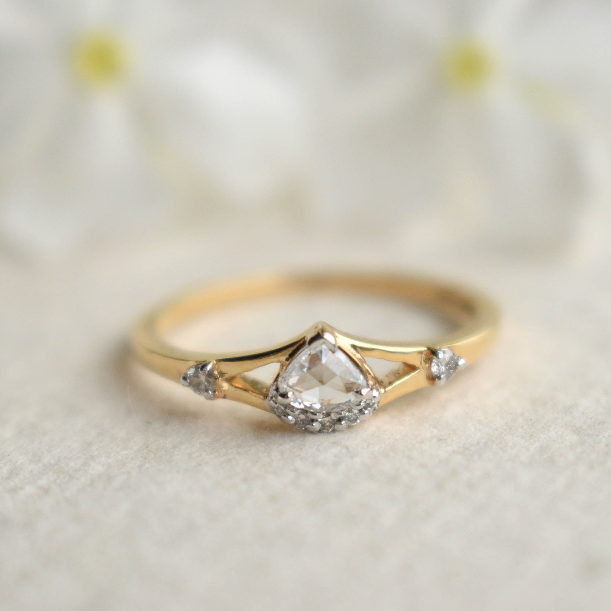 Pear Rose Cut Natural Diamond Engagement Ring
