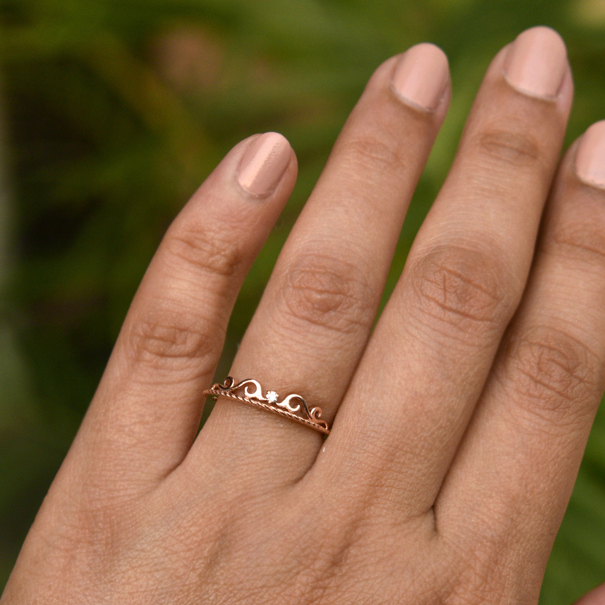 Dainty Crown Filigree Diamond Band Ring