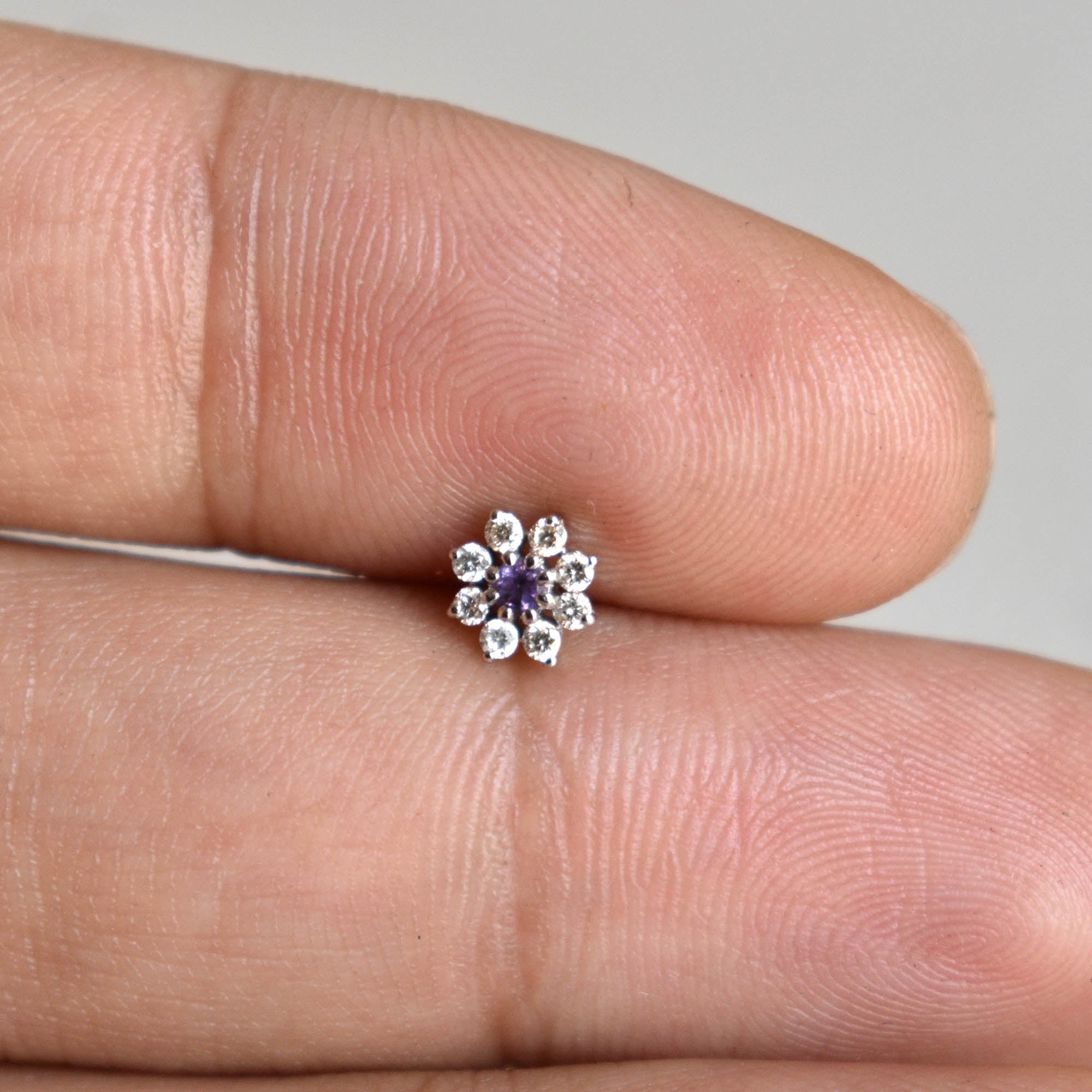 Natural Amethyst & Diamond Flower Stud