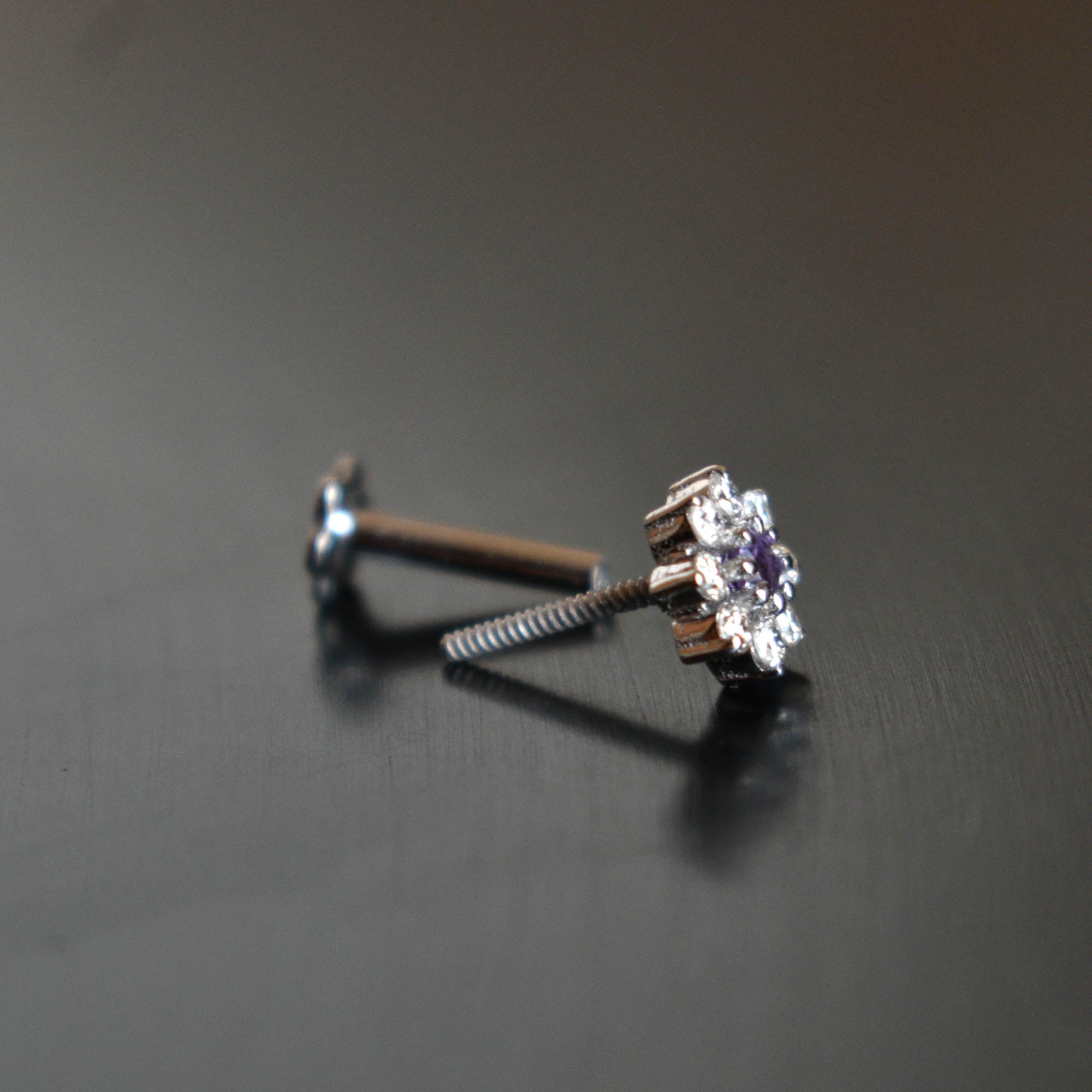 Natural Amethyst & Diamond Flower Stud