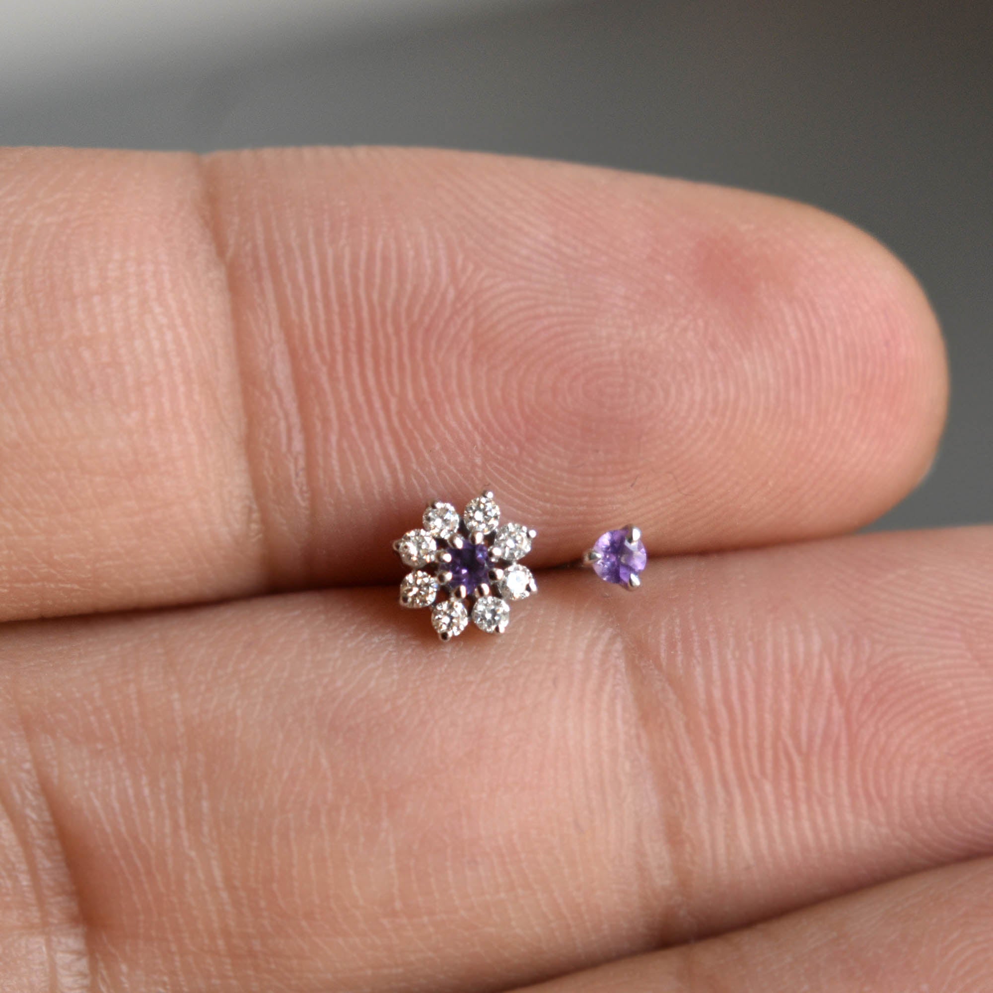 Natural Amethyst & Diamond Flower Stud