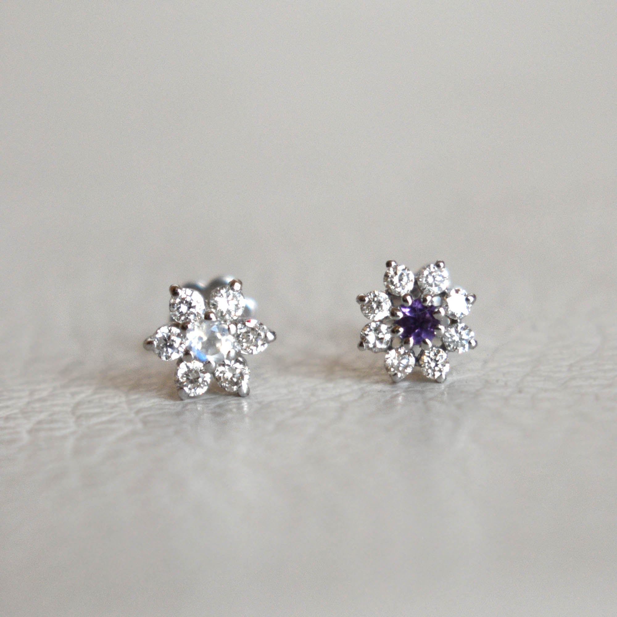 Natural Amethyst & Diamond Flower Stud