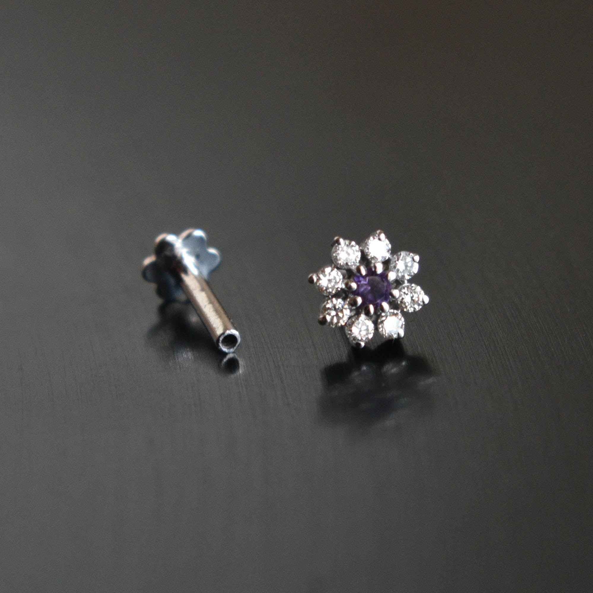 Natural Amethyst & Diamond Flower Stud