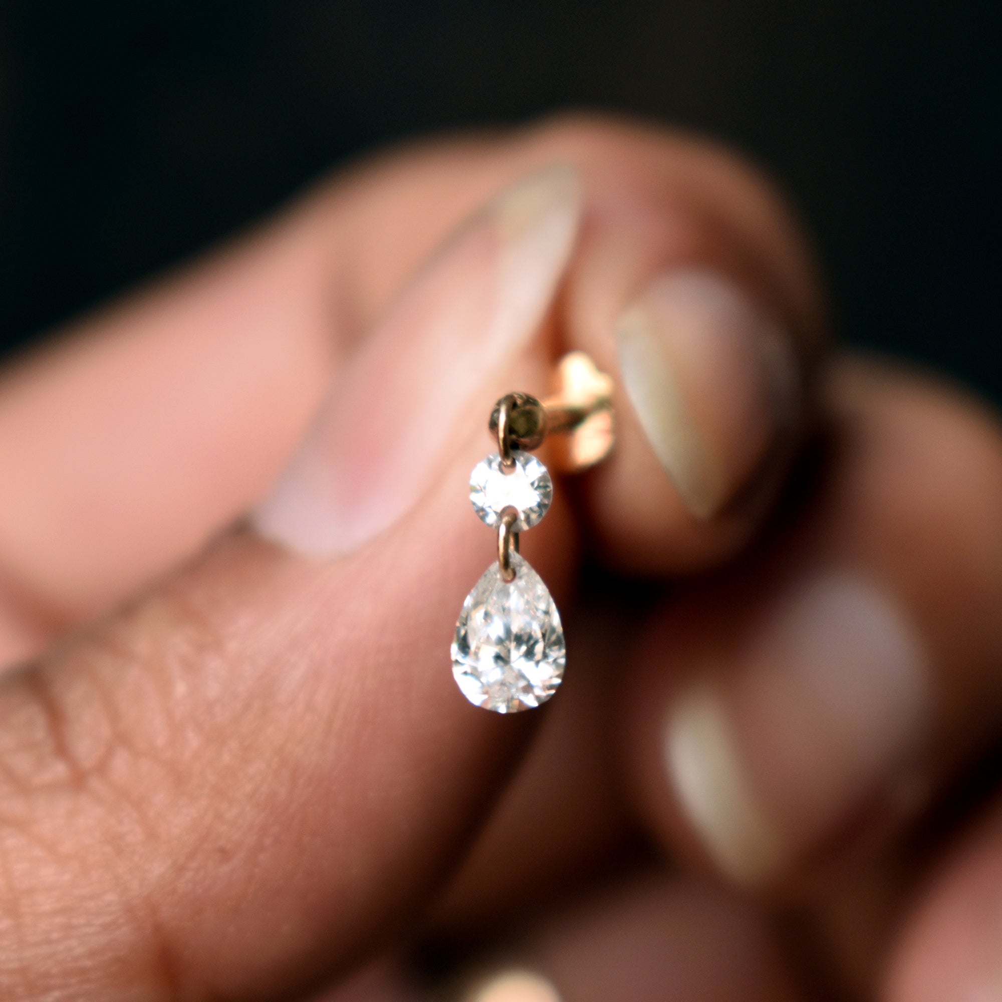 Round & Pear Lab Diamond Floating Dangle Stud, 2.7/5x3mm