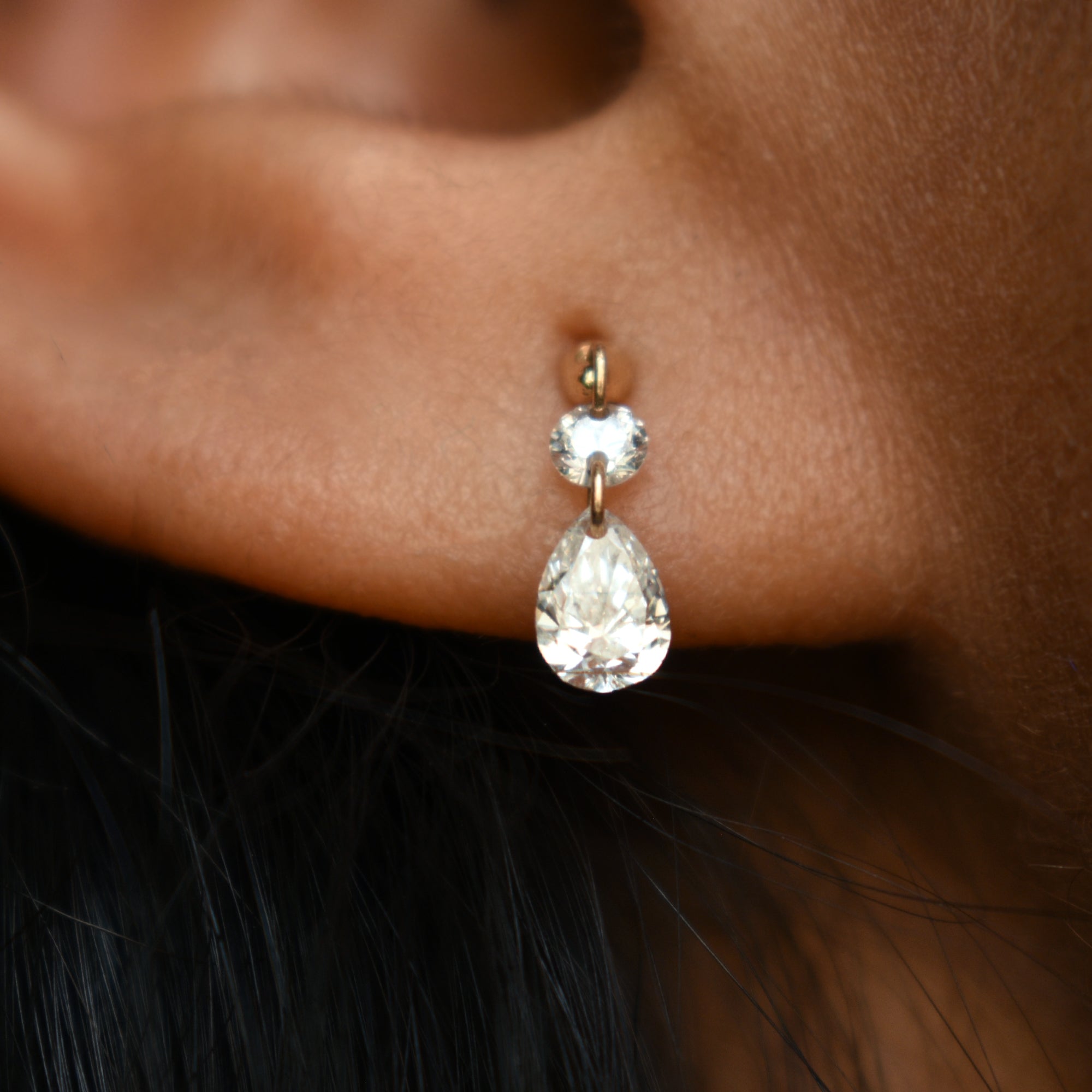 Round & Pear Lab Diamond Floating Dangle Stud, 2.7/5x3mm