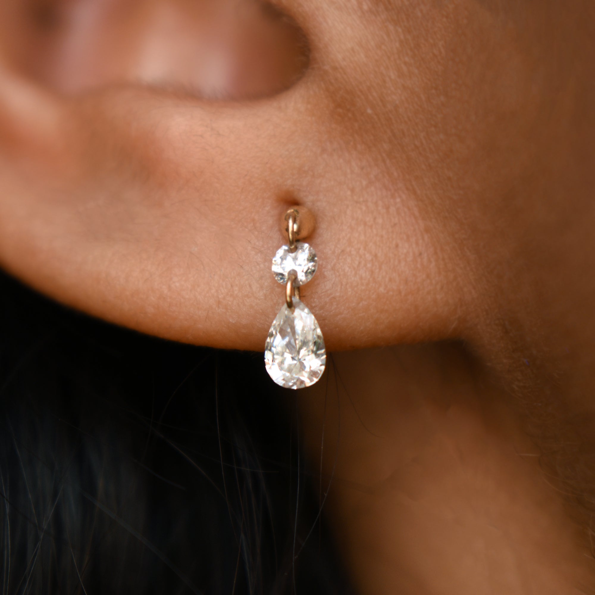 Round & Pear Lab Diamond Floating Dangle Stud, 2.7/5x3mm