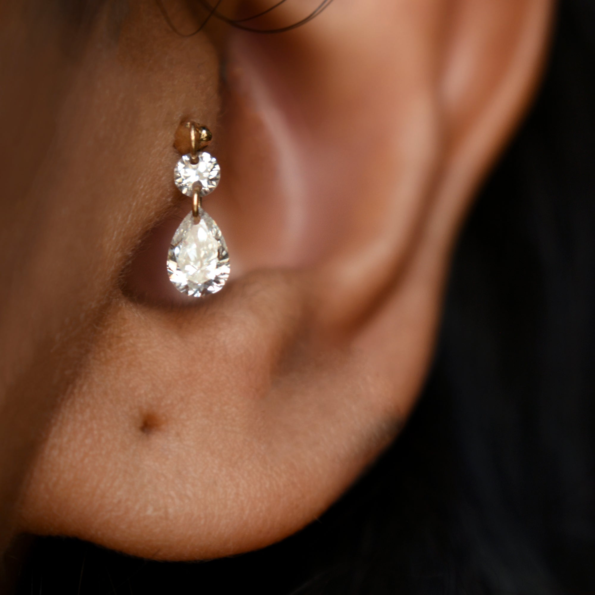 Round & Pear Lab Diamond Floating Dangle Stud, 2.7/5x3mm