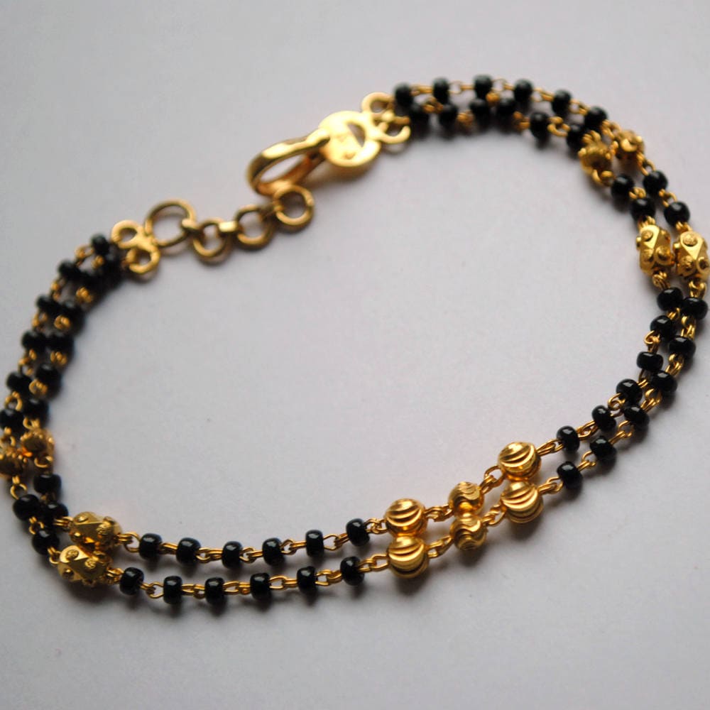18K Yellow Gold Double Strand Black Bead Mangalsutra Bracelet