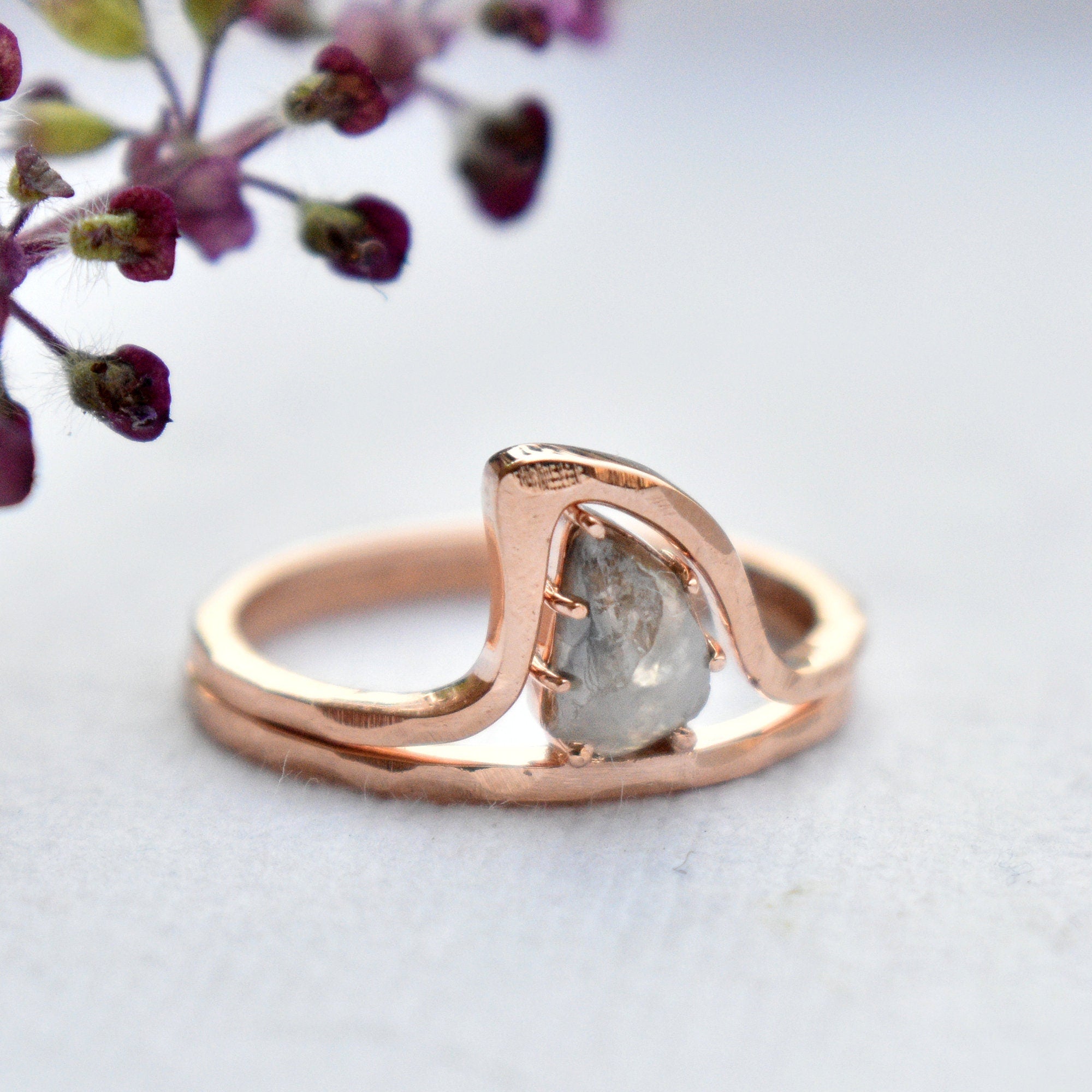 Gray Rough Natural Diamond Wave Ring Set