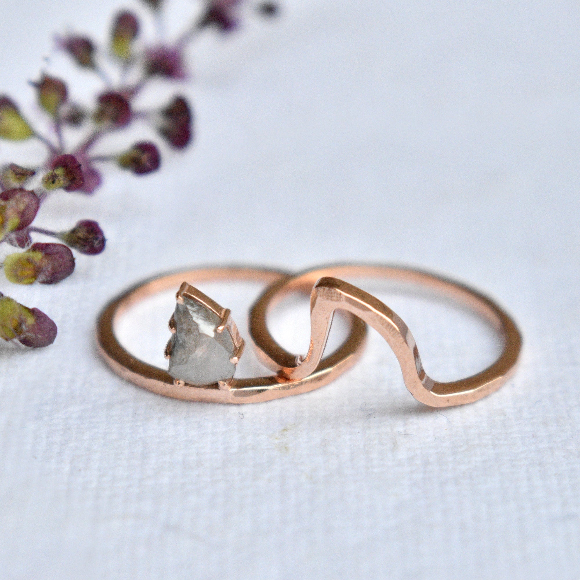 Gray Rough Natural Diamond Wave Ring Set